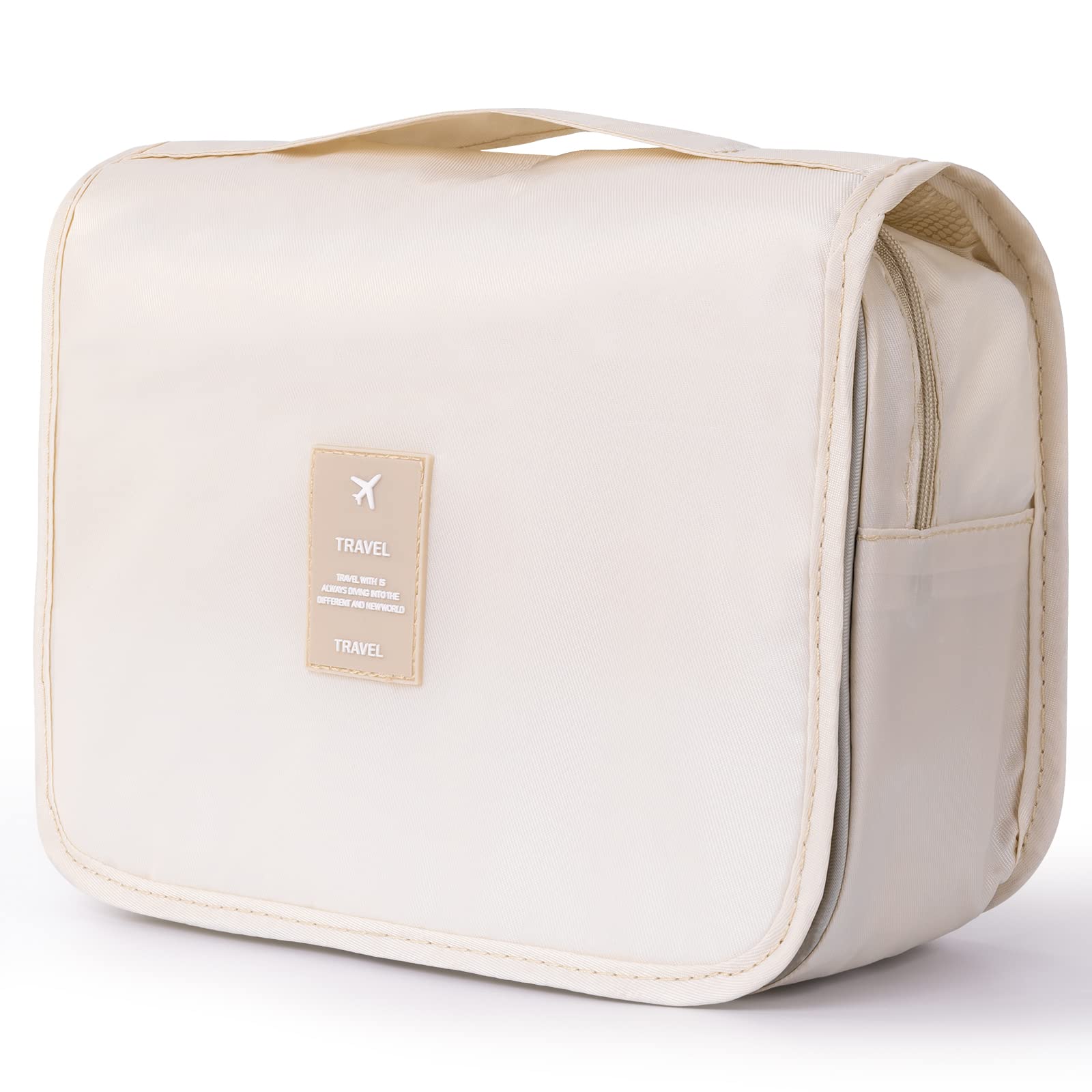 Hanging Toiletry Bag for Women - Travel Size Cosmetic Organizer with Hook - Waterproof Makeup Bag for Bathroom Storage & Travel Accessories - Perfect for Camping, Gym, and Vacation Trips (Beige)