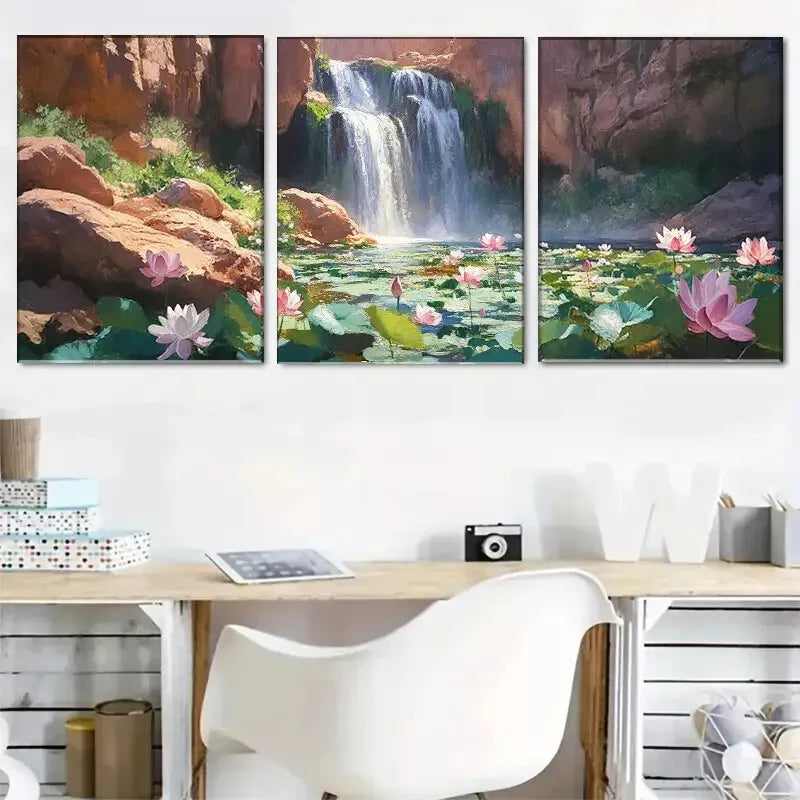 3-Piece Natural Waterfall and Lotus Landscape Wall Art Set - Framed Canvas Prints 40x60cm (16x24in) - High Quality Australian Made Wall Decor - Perfect for Living Room, Bedroom & Office Decoration