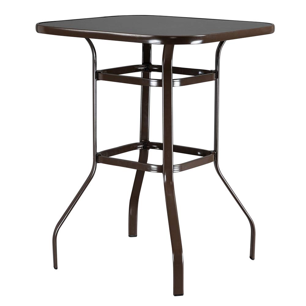 **Outdoor Bar Table - 36 Inch Square High Top Bistro Table with Metal Frame & Tempered Glass Top - Patio Pub Table for Deck, Poolside, Garden, Porch - Perfect for Outdoor Dining & Entertaining (Brown)**