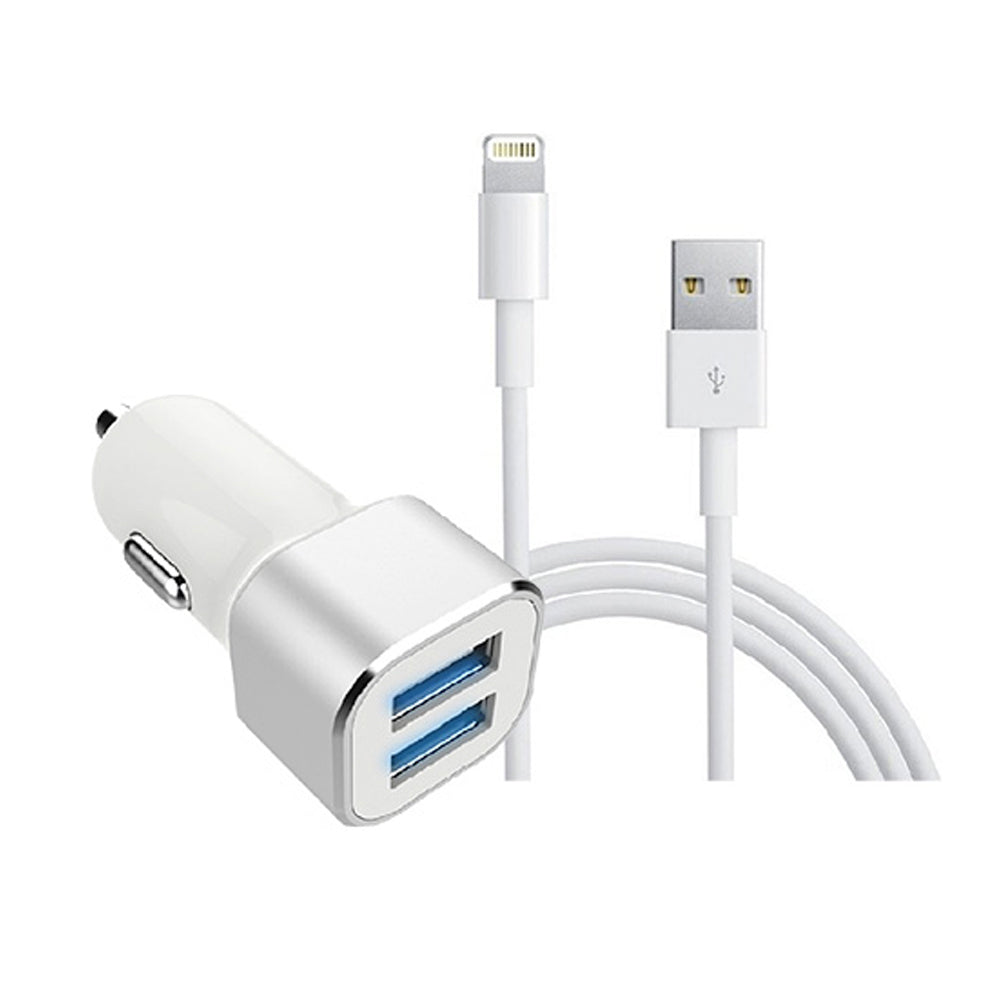 2 Port USB Car Charger with 8 Pin Cable - Fast Charging Dual USB Port Adapter for iPhone & Android - Perfect for Road Trips & Daily Commute