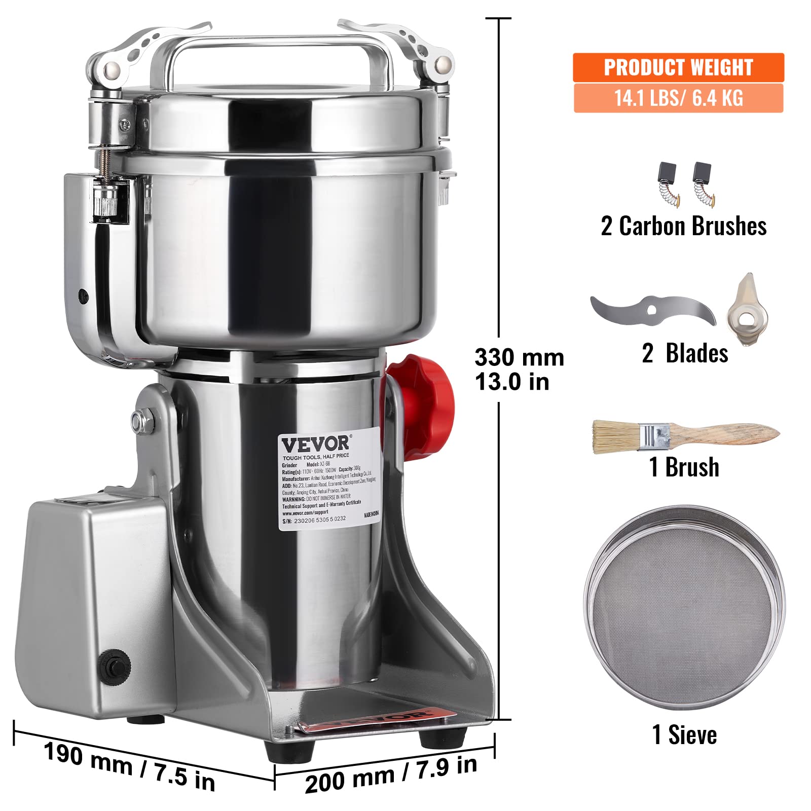 VEVOR 1000g Electric Grain Mill Grinder - 3750W High-Speed Commercial Stainless Steel Powder Machine for Coffee, Corn, Pepper & Dry Grains | Perfect for Home Kitchens, Bakeries & Coffee Shops