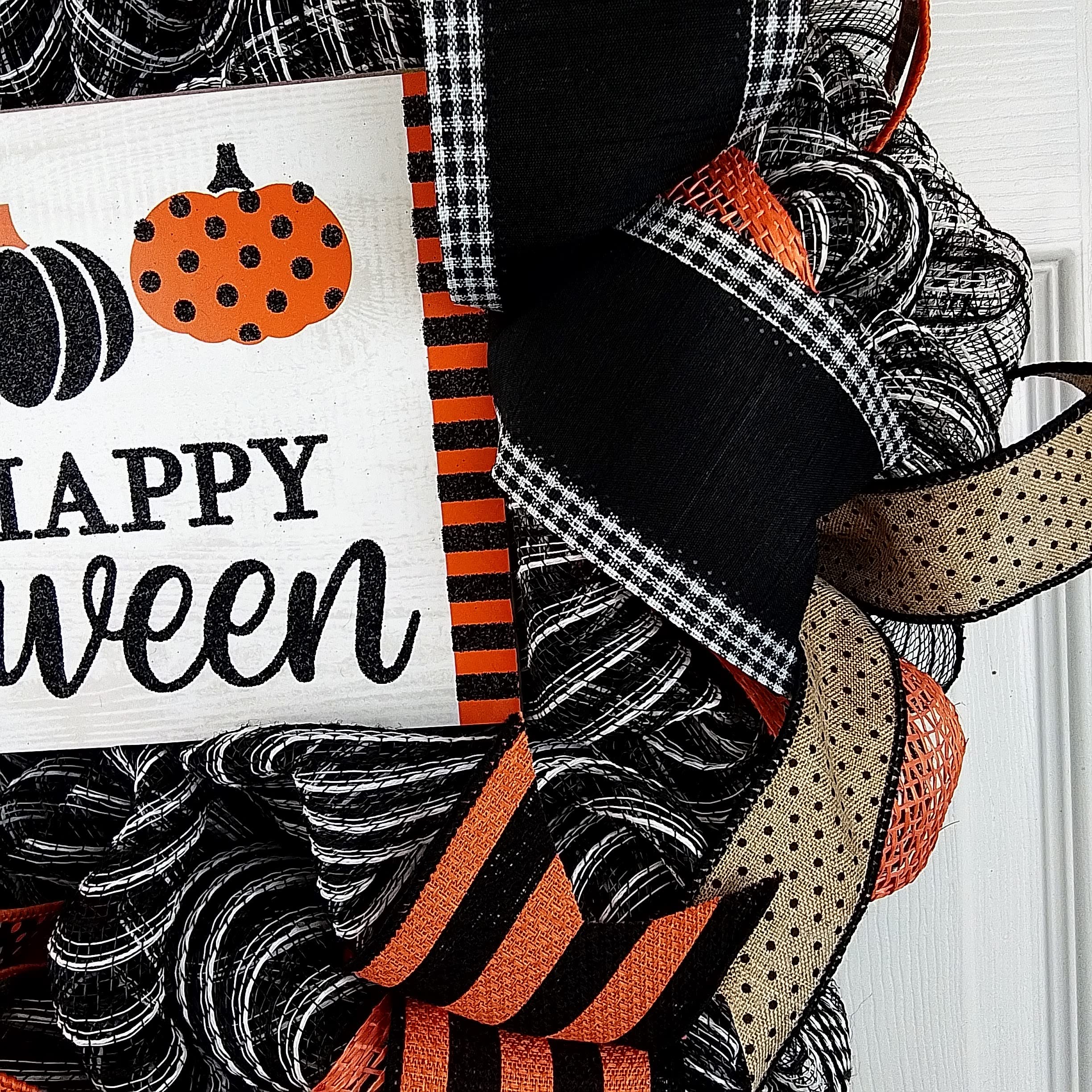Happy Halloween Wreath - Pumpkin Door Wreath Decor for Halloween & Thanksgiving - Orange Black White Burlap Stripe Jack O Lantern Wreath - Perfect for Front Door, Office & Home Halloween Decorations