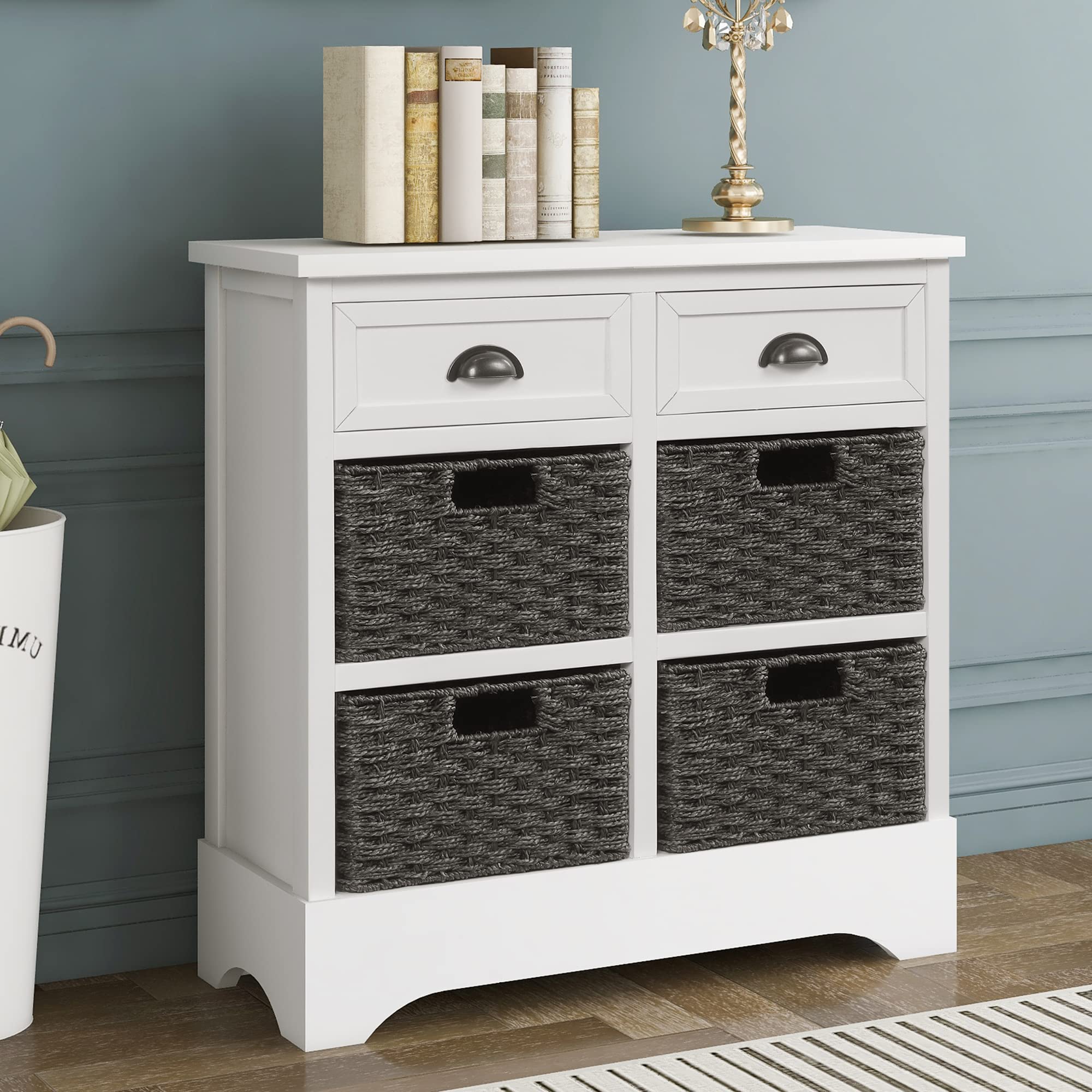 Rustic White Storage Cabinet with 2 Wood Drawers & 4 Wicker Baskets - Organizer for Home, Kitchen, Entryway, Living Room | Perfect for Home Decor, Clutter Control & Small Space Storage Solutions