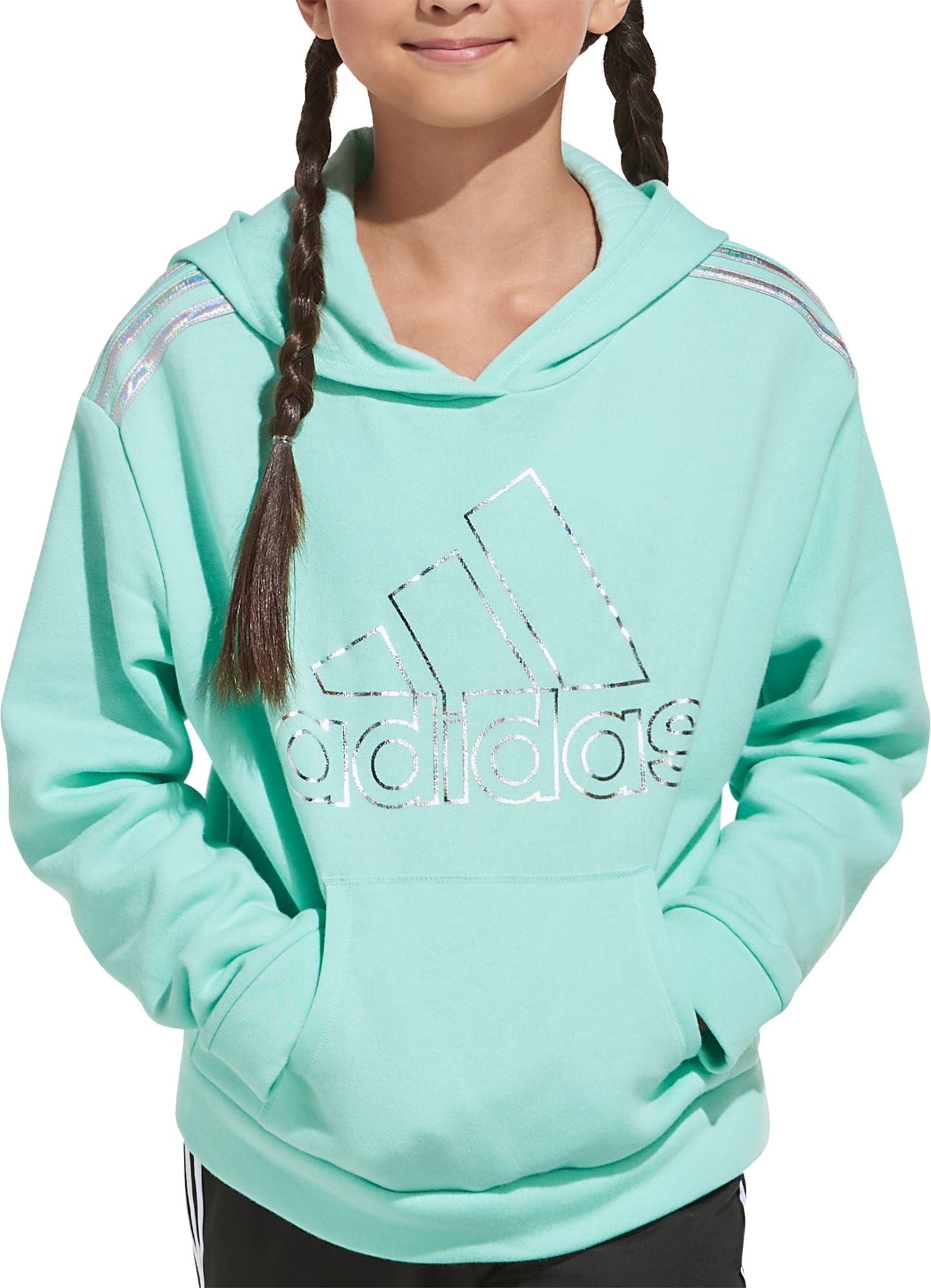 Adidas Girls' Classic Stripe Cotton Fleece Pullover Hoodie - Size Small (7/8) - Mint & Silver - Soft & Warm Fleece Jacket for School, Sports & Casual Wear