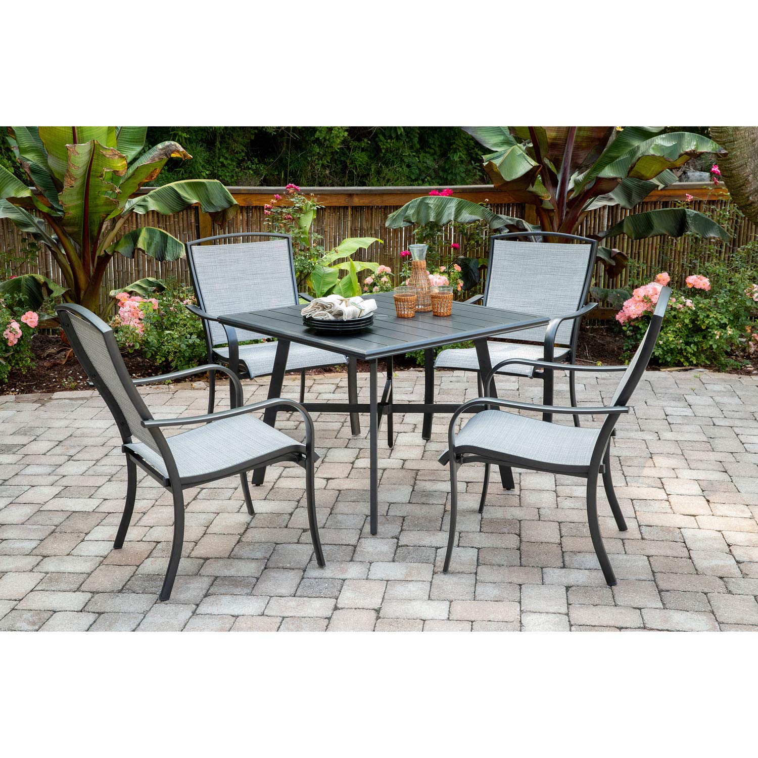 Hanover Foxhill 5-Piece Outdoor Dining Set - 4 Durable Sling Chairs & 38