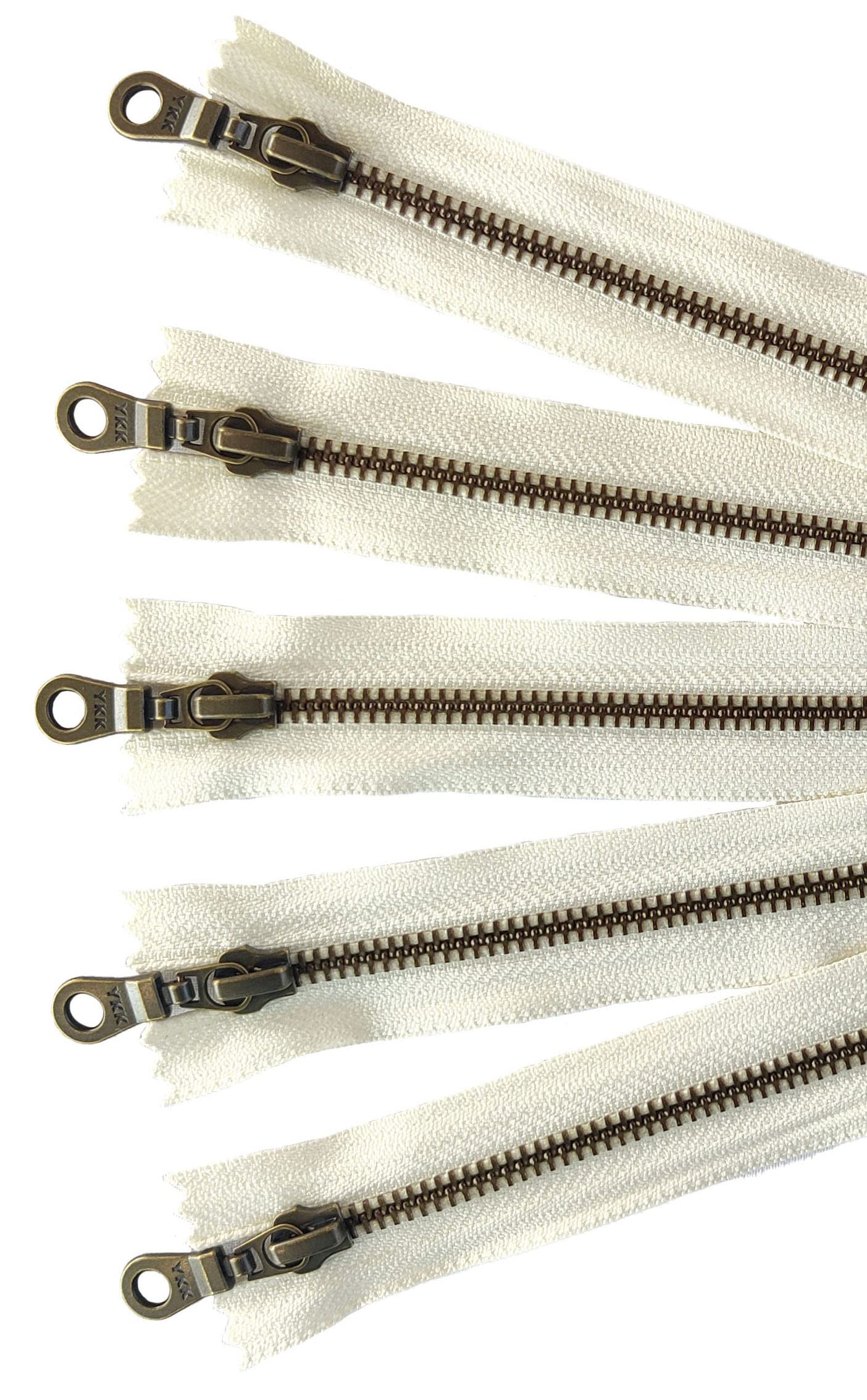 YKK Antique Brass Metal Zippers #5 Closed-End 12 Inch (Vanilla/Cream/Offwhite) - Set of 5 with Donut Pull for DIY Crafts, Handbags & Garment Making - Premium Quality Zippers by Craftbot