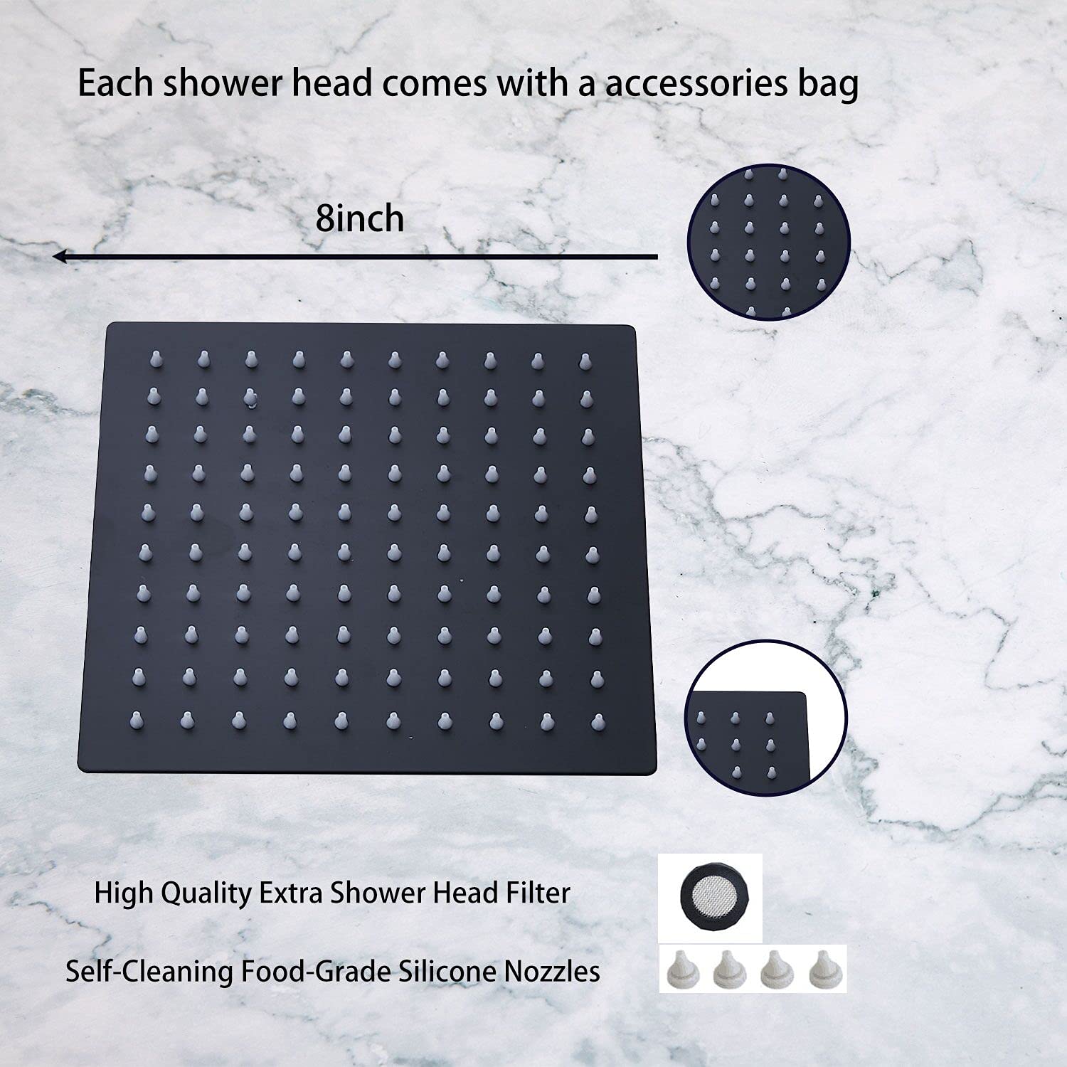 GGStudy 8 Inch Square Rain Shower Head - High Pressure Stainless Steel Rainfall Showerhead with Self-Cleaning Silicone Nozzles (Oil Rubbed Bronze/Black) - Perfect for Spa-Like Bathroom Experience & Water Saving
