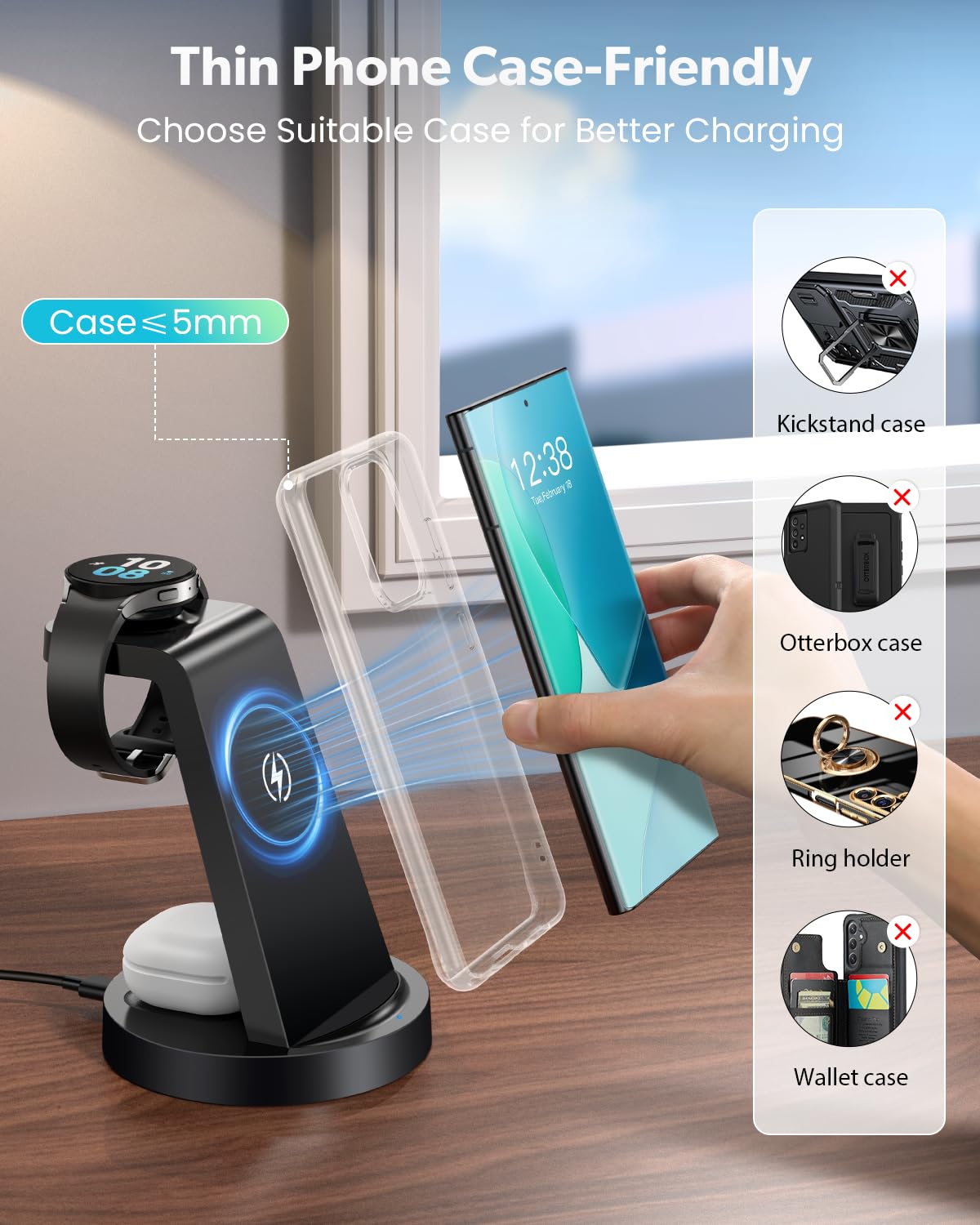 3-in-1 Wireless Charging Station for Samsung Galaxy Watch 7/6/5/4/3/Pro/Classic, Galaxy Buds & S25/S24 Ultra/S23/S22/S21/Note/Z Fold - Fast Qi-Certified Charger Dock Stand for Android Phones | Perfect for Bedside, Office & Travel Charging