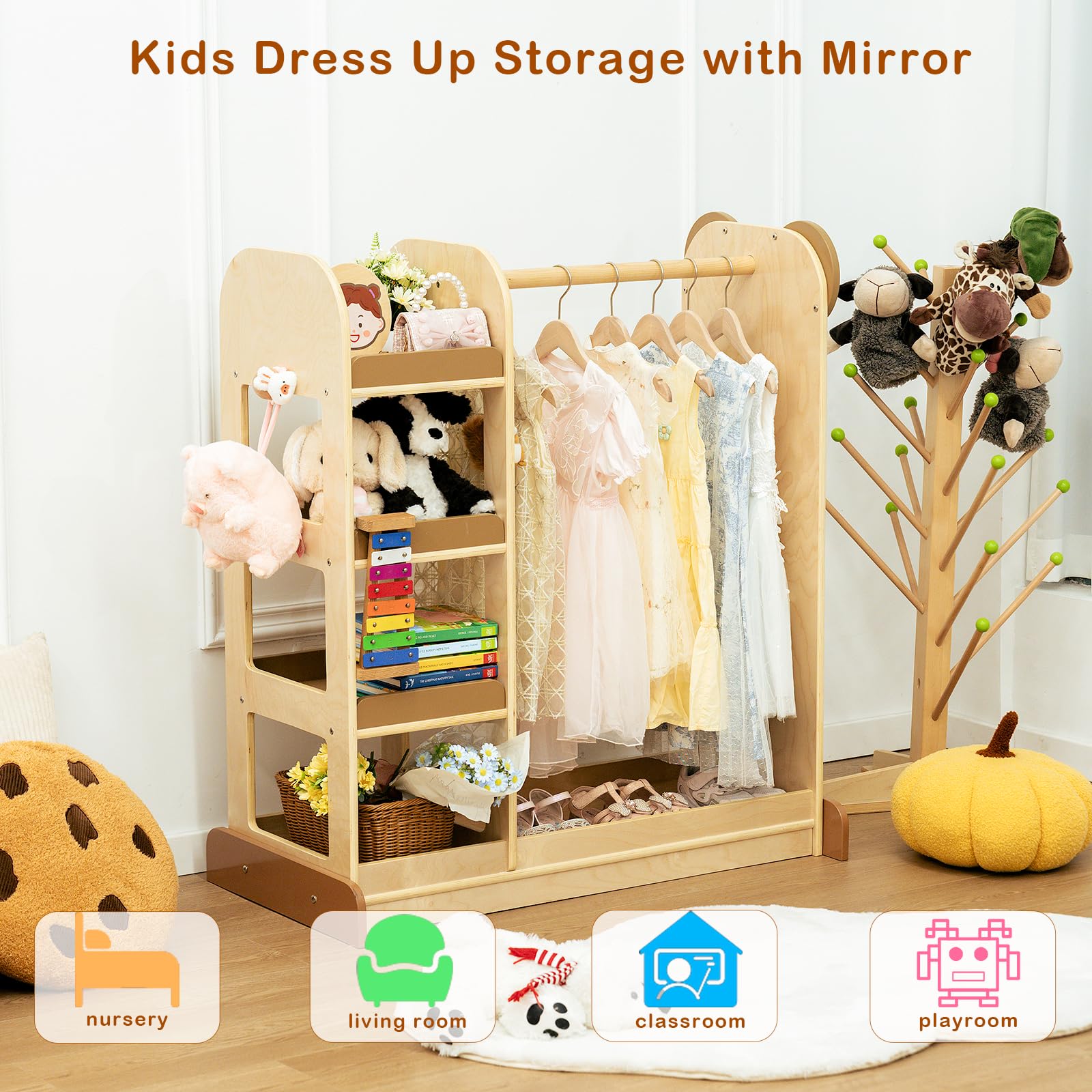 Wooden Kids Costume Organizer with Mirror - 4-Tier Toddler Clothing Rack & Open Hanging Wardrobe for Girls & Boys | Montessori Furniture for Dress Up Storage | Perfect for Bedroom, Playroom & Nursery Organization
