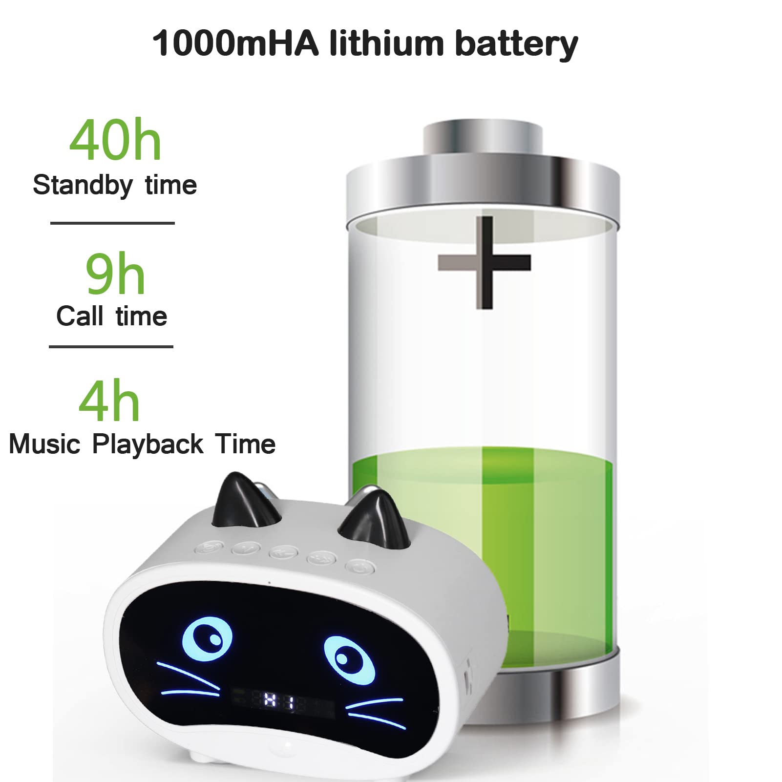 Wireless Bluetooth Speaker with Alarm Clock - Portable Bedroom & Office Speaker with Dual Alarm, LED Display, Cat Ear Design, FM Radio, USB/Memory Card Support, 1000mAh Rechargeable Battery (White) - Perfect for Bedside, Desk, Travel & Gift Giving