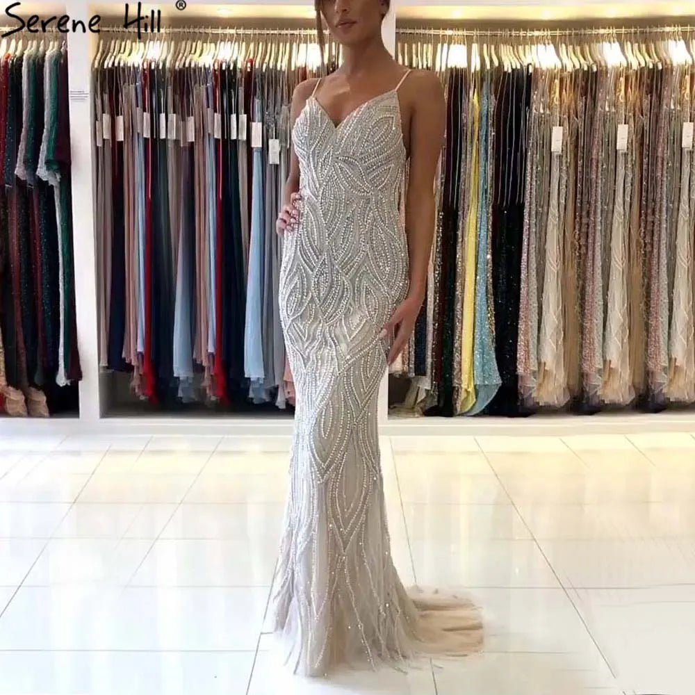 Elegant Nude White Mermaid Evening Gown with Spaghetti Straps - Luxury Women's Formal Dress for Prom, Wedding & Special Occasions - Serene Hill Collection 2025 LA70214