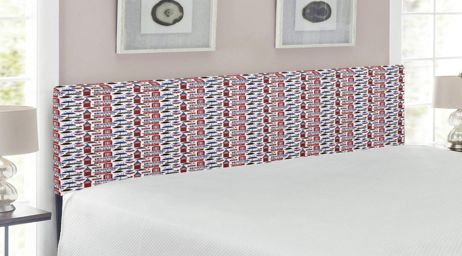 Ambesonne London Headboard - Famous English City Landmarks & UK Travel Destination - Upholstered Decorative Metal Bed Frame with Memory Foam - King Size Multicolor - Perfect for Bedroom Decor & British-Themed Interior Design