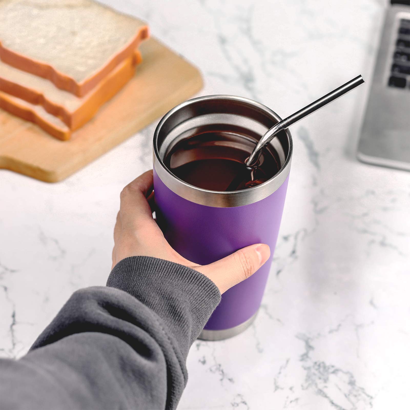 COMOOO 20oz Stainless Steel Tumbler with Lid & Straw - Double Wall Vacuum Insulated Travel Mug - Powder Coated Durable Coffee Cup for Hot & Cold Drinks (Purple, 6 Pack) - Perfect for Office, Gym, Camping & Outdoor Activities