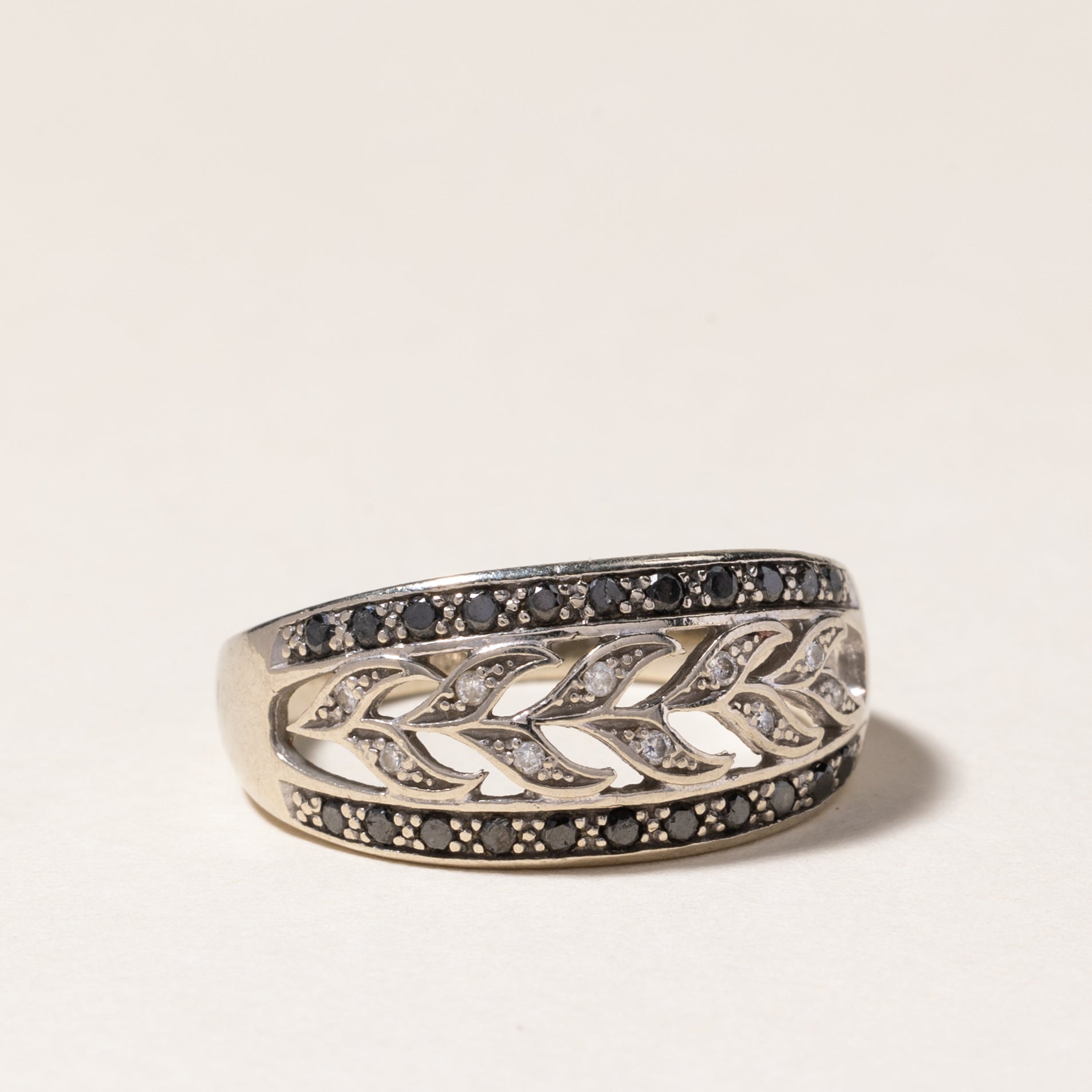 Elegant Black & White Diamond Leaf Vine Ring - 0.22ctw Total, 0.05ctw Each - Size 7.25 - Perfect for Weddings, Anniversaries & Special Occasions