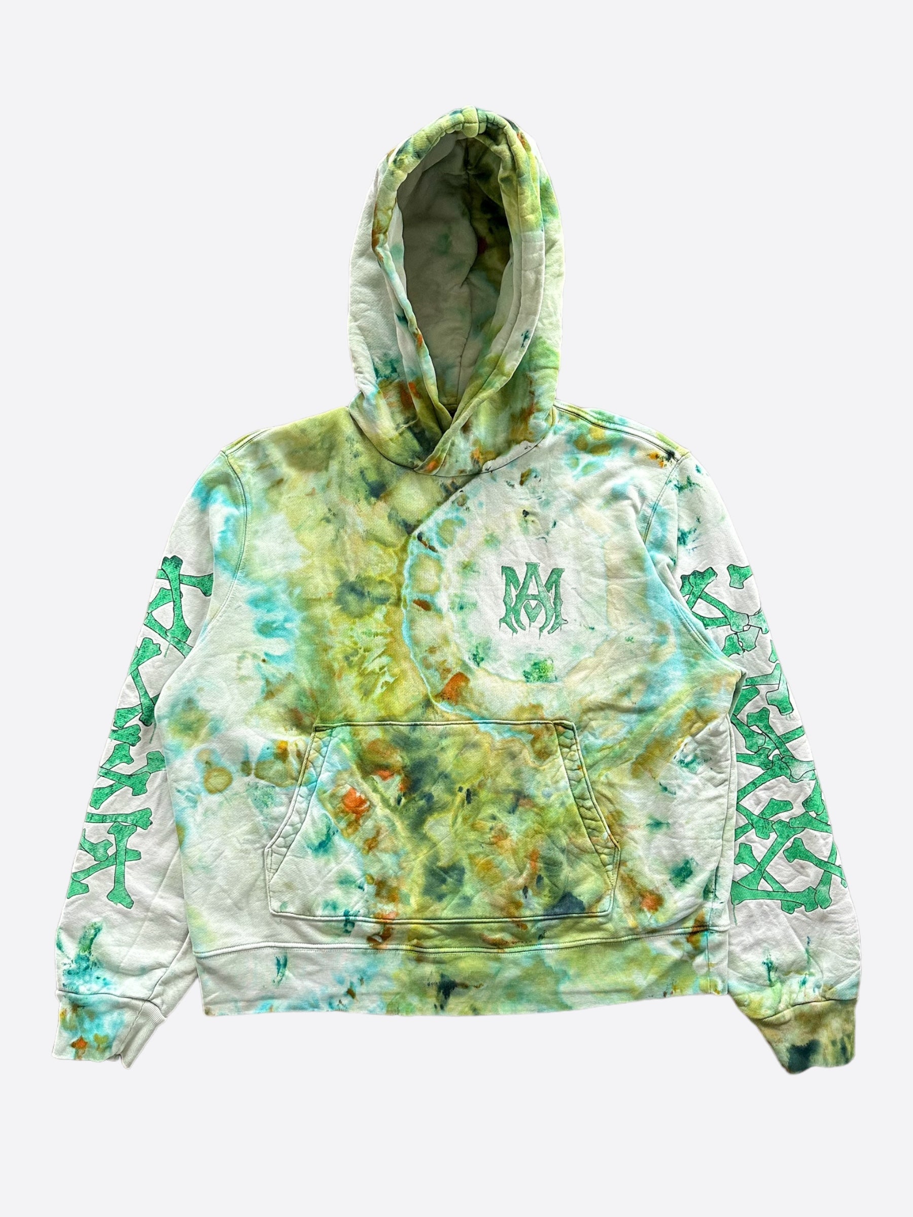 Amiri Green Tie Dye Bones Logo Hoodie for Men - Streetwear Fashion Pullover Sweatshirt | Perfect for Casual Wear, Concerts & Urban Outfits