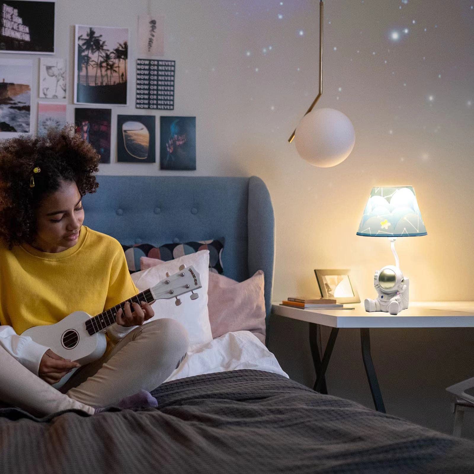 Golden Astronaut Table Lamp for Kids - 13 Inch LED Bedside Lamp with Barrel Shade, Space-Themed Night Light for Children's Bedroom Decor | Perfect for Reading, Study, and Nursery Room Ambiance
