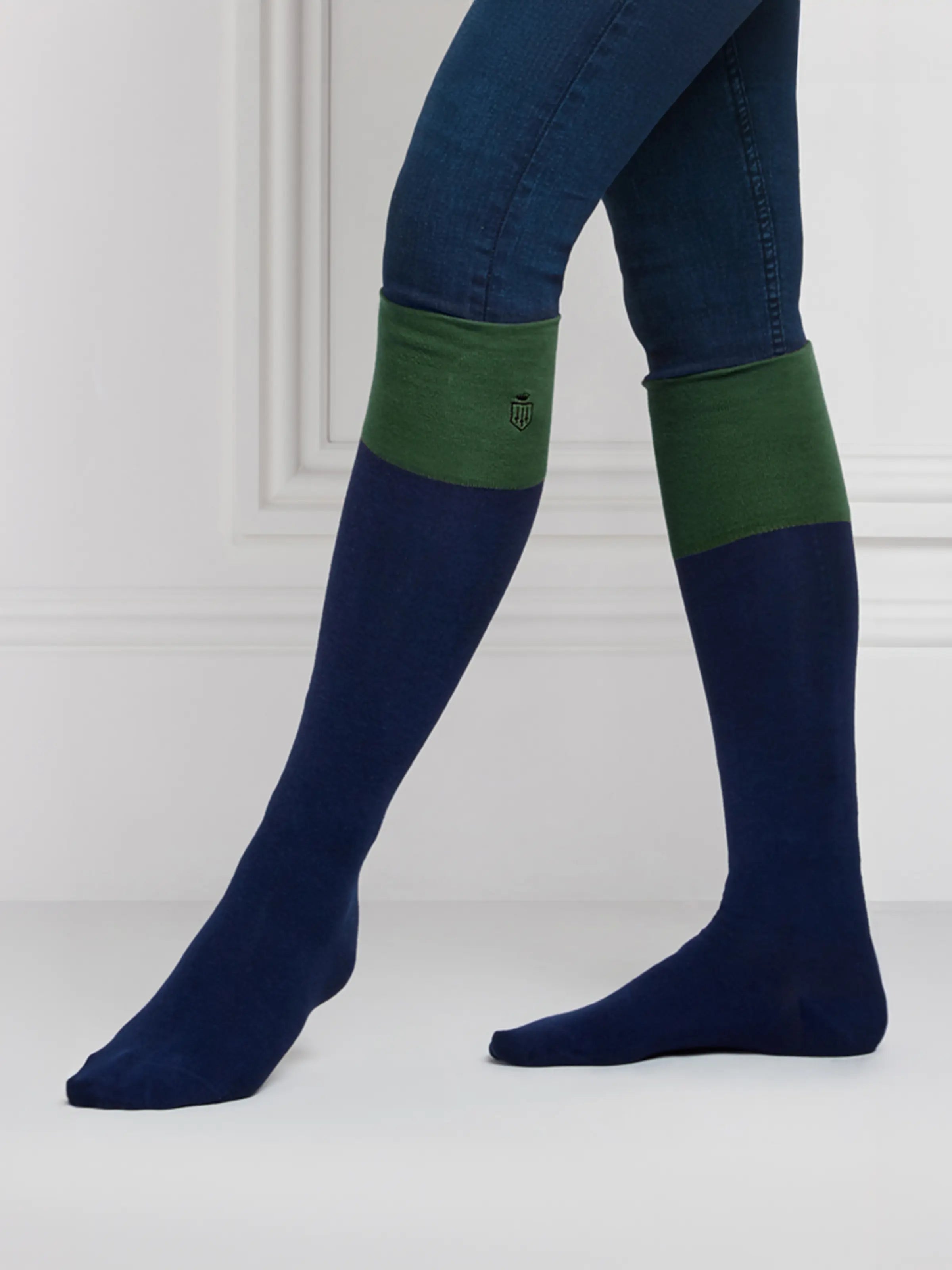 Signature Women's Knee High Socks - Navy & Forest Green Striped Cotton Blend - Perfect for Boots, Fall Fashion & Workout Comfort