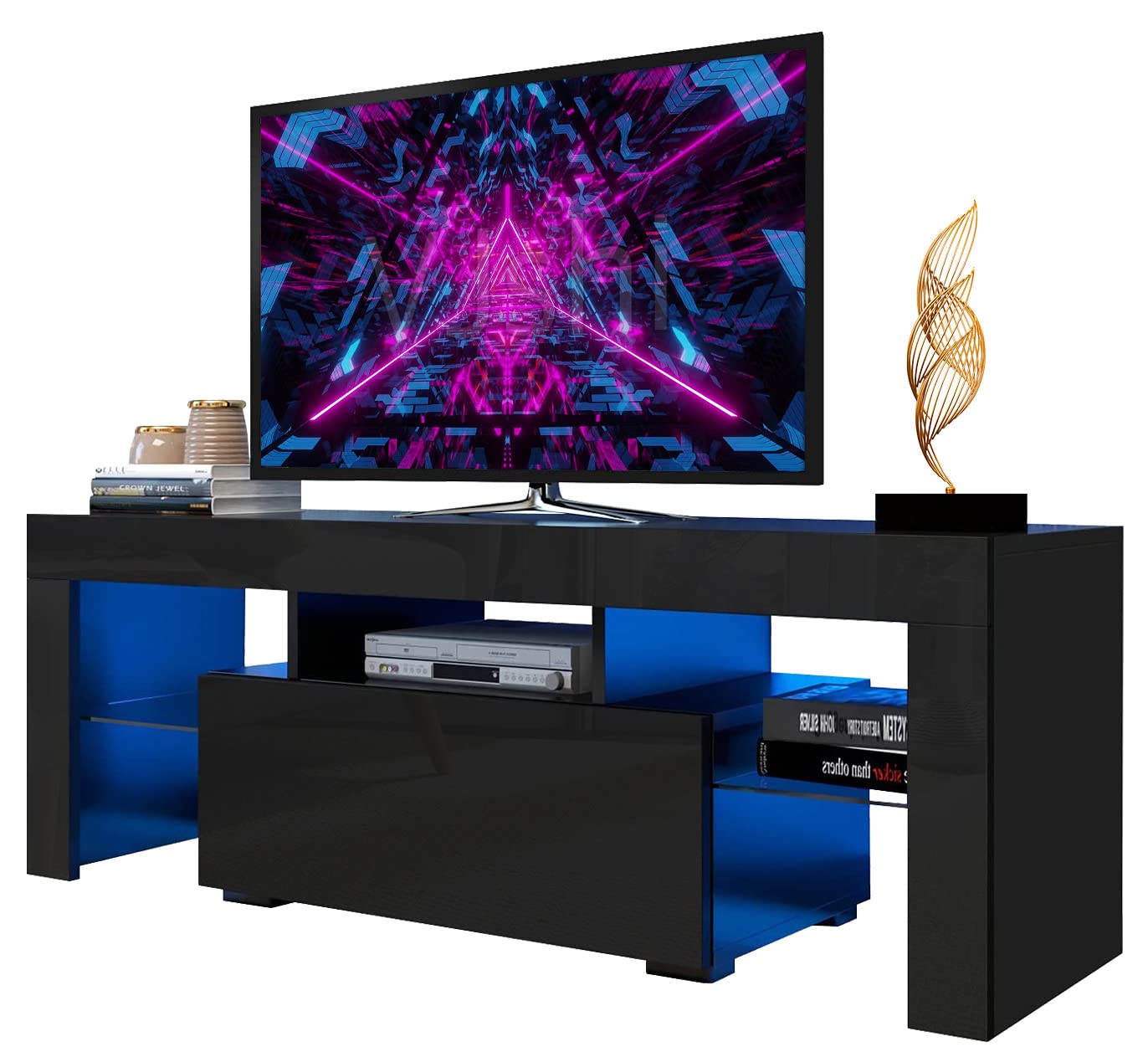 [Brand] 55 Inch LED TV Stand with 20 Color Changing Lights - High Gloss Black Entertainment Center with Tempered Glass Shelves for Living Room, Bedroom & Gaming Setup - Perfect for Movie Nights & Home Theater Systems