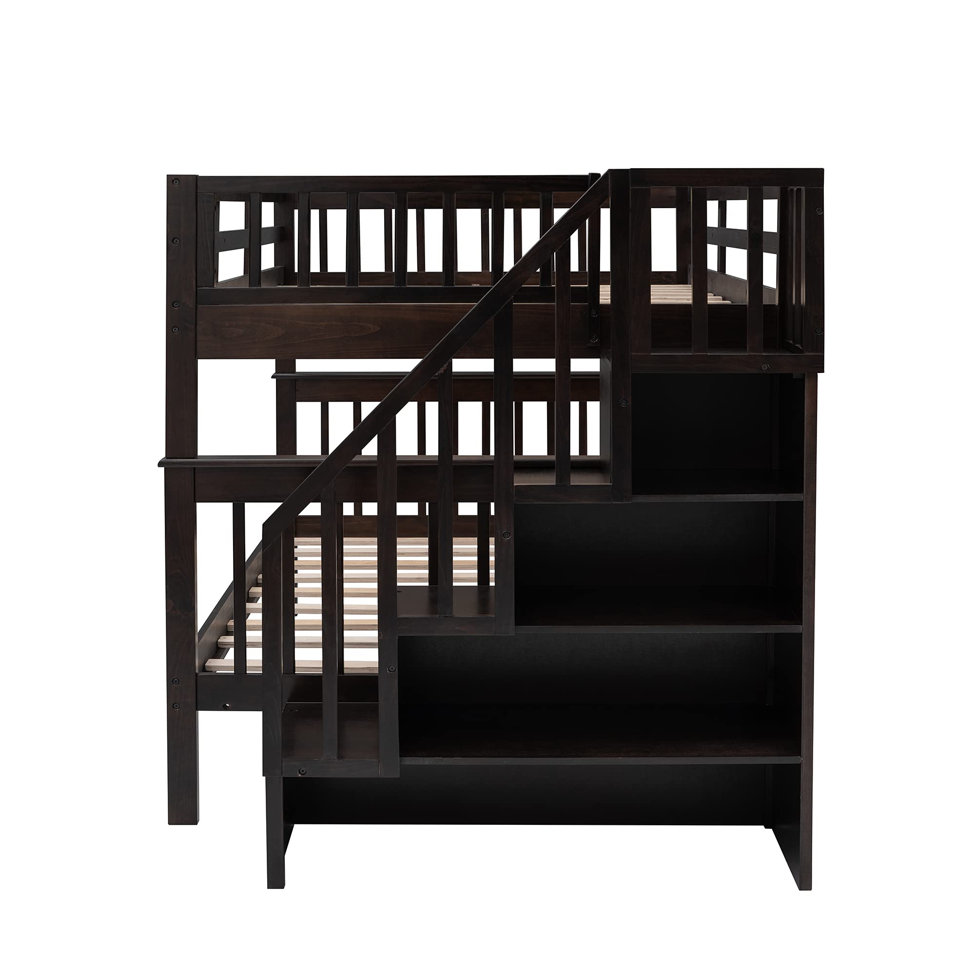 Full Over Full Bunk Bed with Storage & Guard Rail - Solid Wood Twin Bunk Bed for Kids, Teens, Dorm Rooms & Small Spaces - Space-Saving Bedroom Furniture with Built-in Storage (Espresso Finish) - Perfect for Shared Kids' Rooms, College Dorms & Guest Bedrooms