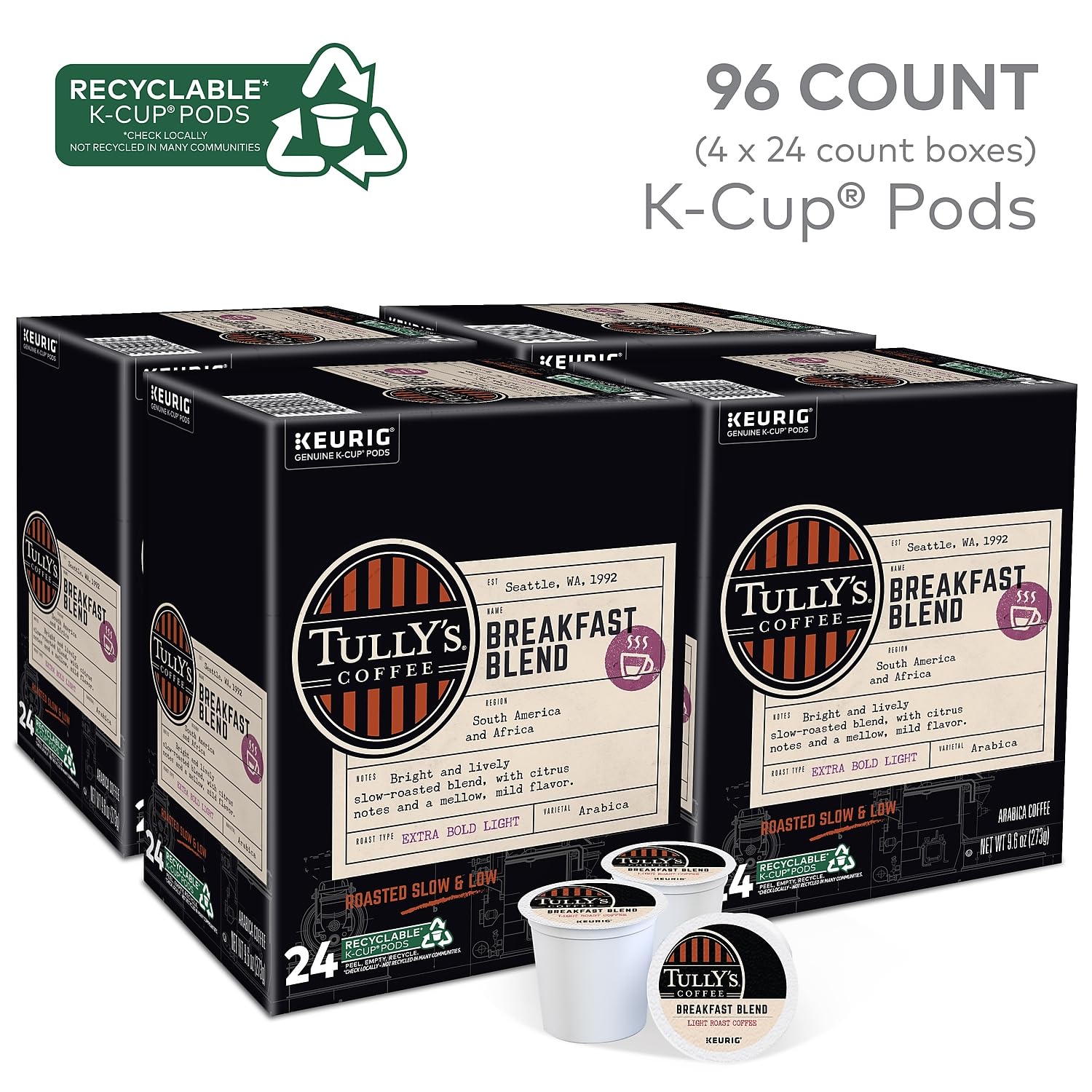 Keurig Green Mountain Breakfast Blend Coffee K-Cups, 96 Count - Medium Roast Single-Serve Pods for Keurig Brewers - Perfect for Morning Coffee at Home or Office