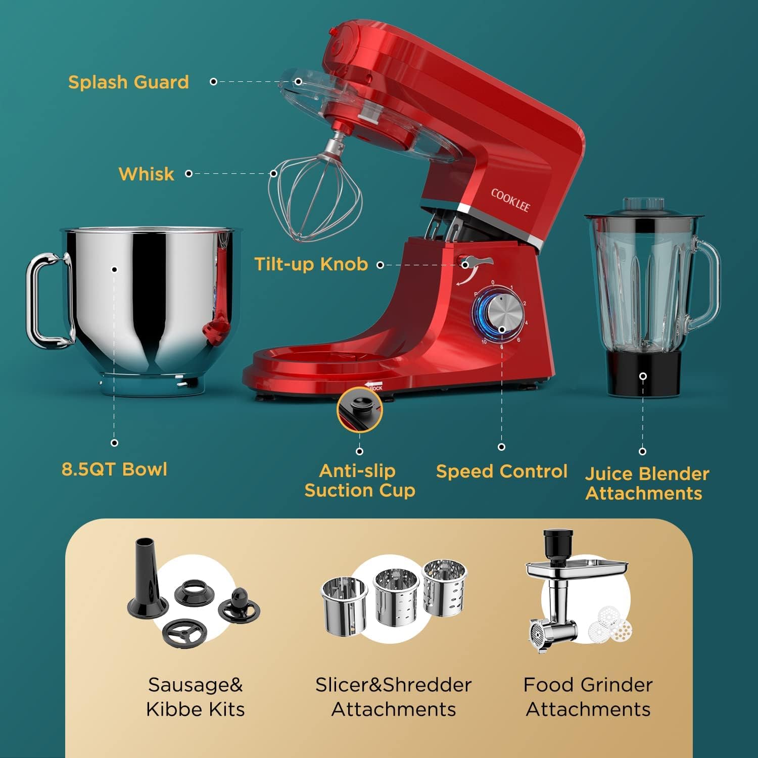 COOKLEE 6-in-1 Stand Mixer 8.5 Qt - Powerful Electric Kitchen Mixer with 9 Attachments for Baking, Whipping & Kneading - Perfect for Home Bakers & Cooking Enthusiasts (SM-1507BM, Ruby Red) - Ideal for Making Cakes, Cookies, Bread & More