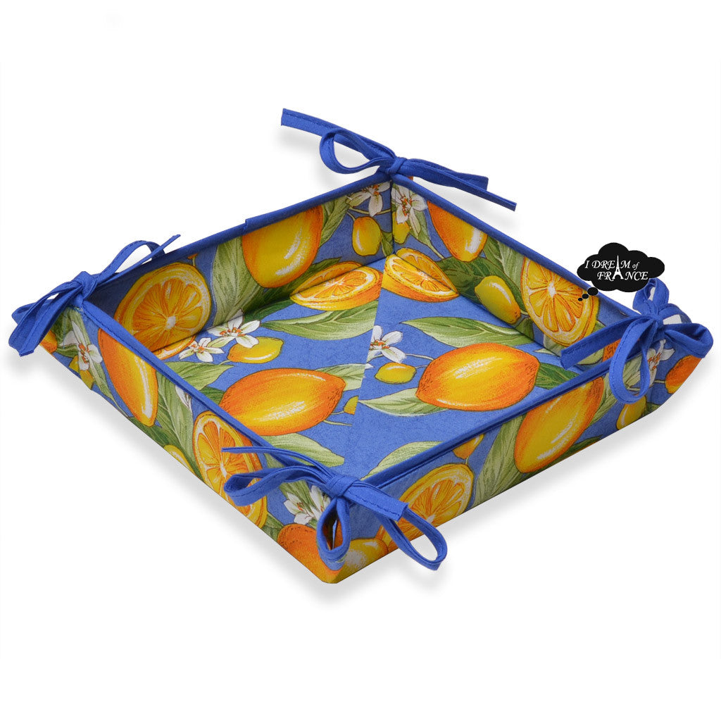 Tissus Toselli Blue Cotton Coated Bread Basket - Rustic Kitchen Bread Storage for French Bread, Baguettes & Pastries - Perfect for Farmhouse Dining & Bakery Display