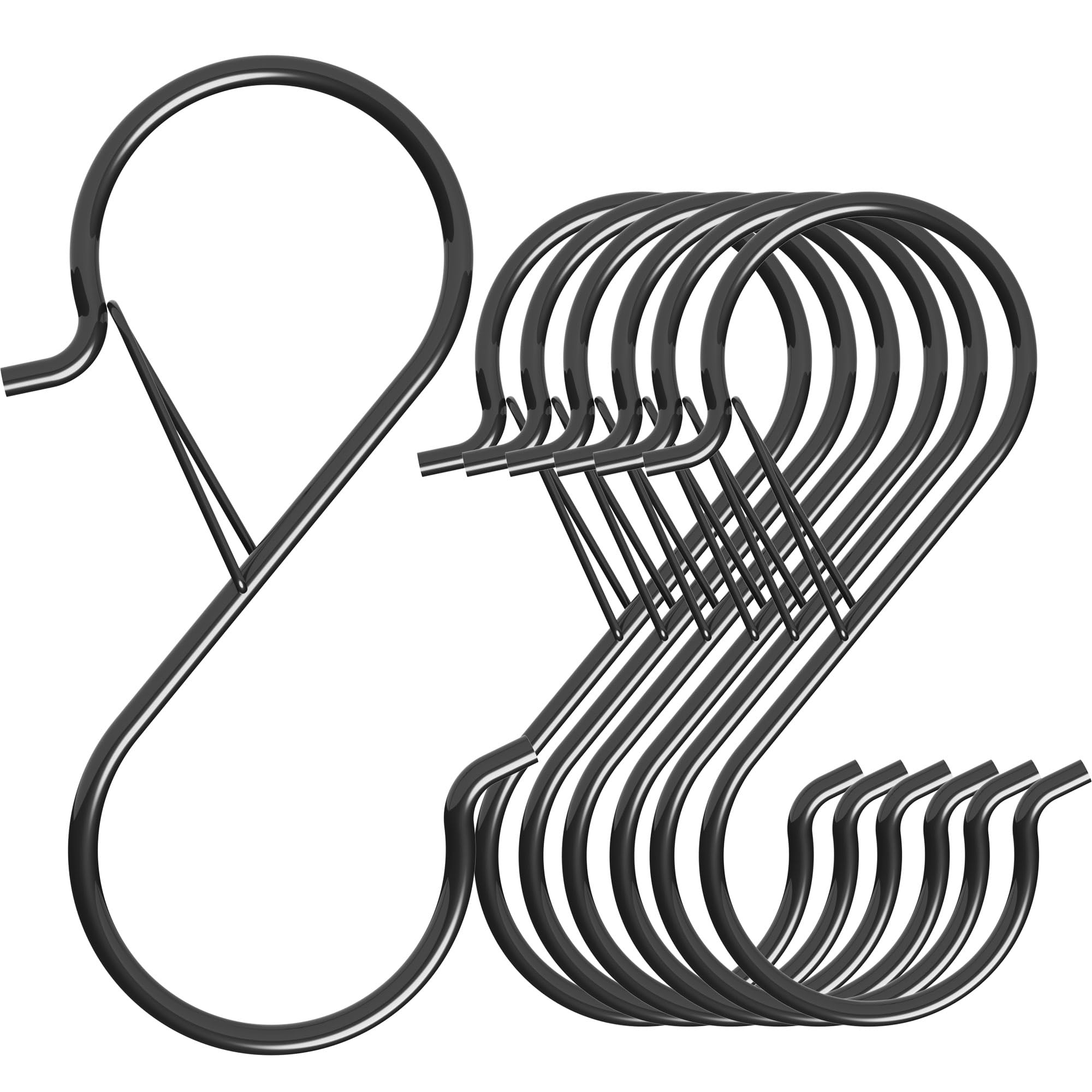 7 Pack Heavy Duty 5-Inch Black Vinyl Coated S Hooks with Safety Buckle - Durable Shelving Hooks for Hanging Plants, Bags, Kitchen Utensils, Cups & Pans - Perfect for Garage, Pantry, Closet & Outdoor Organization