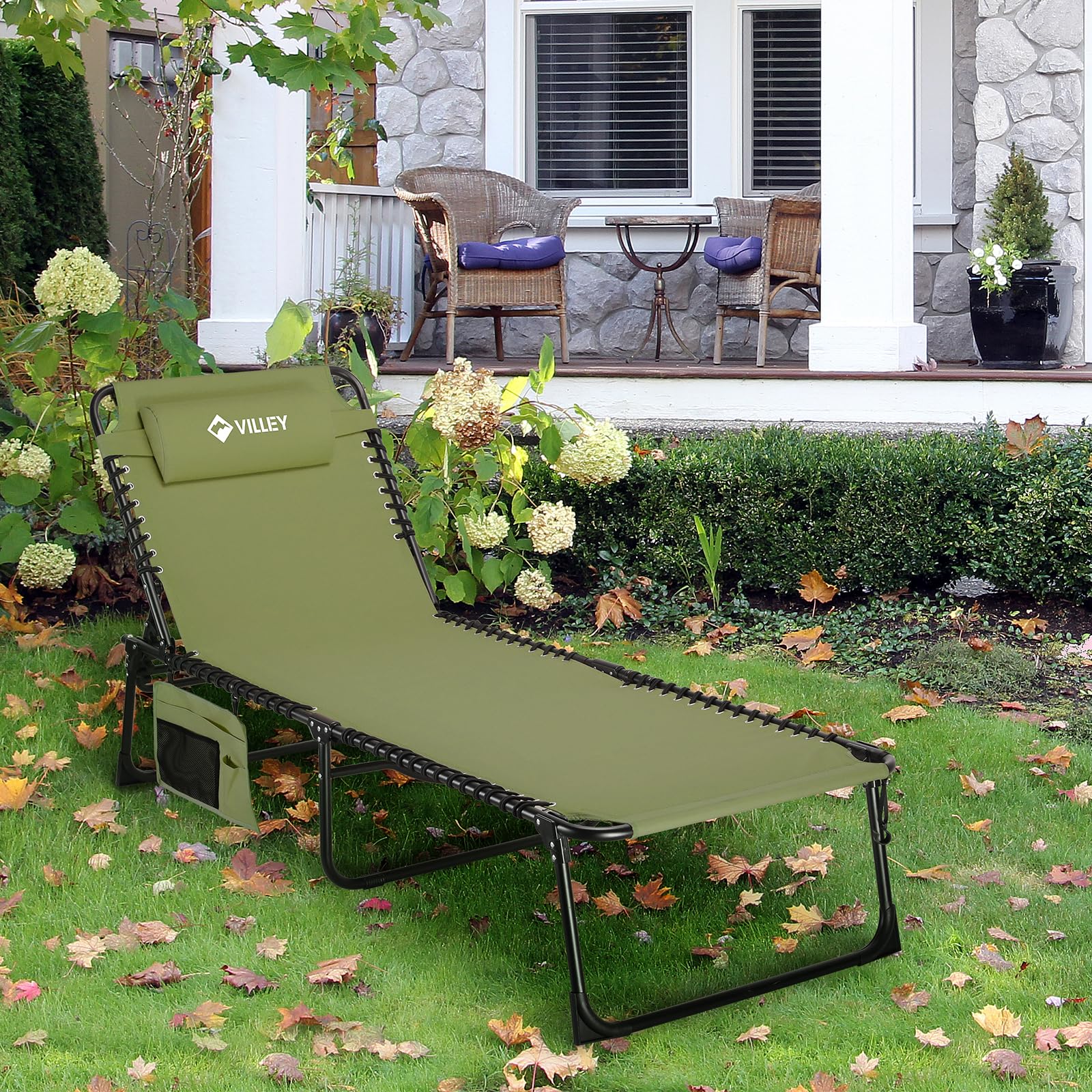 VILLEY Oversized Chaise Lounge Outdoor - Heavy Duty Folding Lounge Chair for Patio, Beach, Camping - Portable Trifold Sun Lounger with 5 Adjustable Positions - Perfect for Backyard Relaxation, Poolside Lounging & Beach Vacations