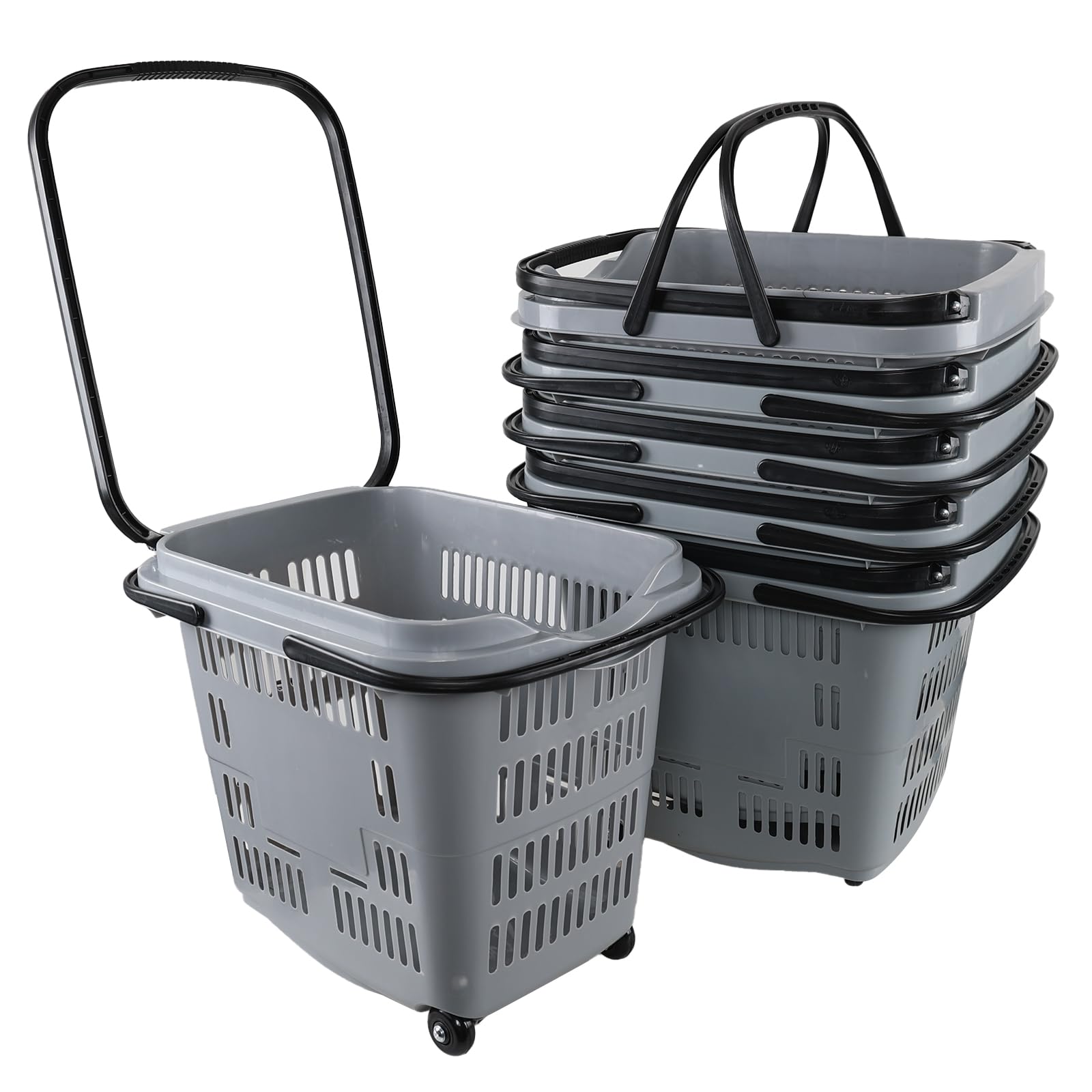 Jekiyo 50L Plastic Rolling Shopping Basket with Handle - 6 Pack Large Grocery Cart for Supermarket, Warehouse & Home Organization - Grey (Ideal for Shopping, Storage & Laundry)