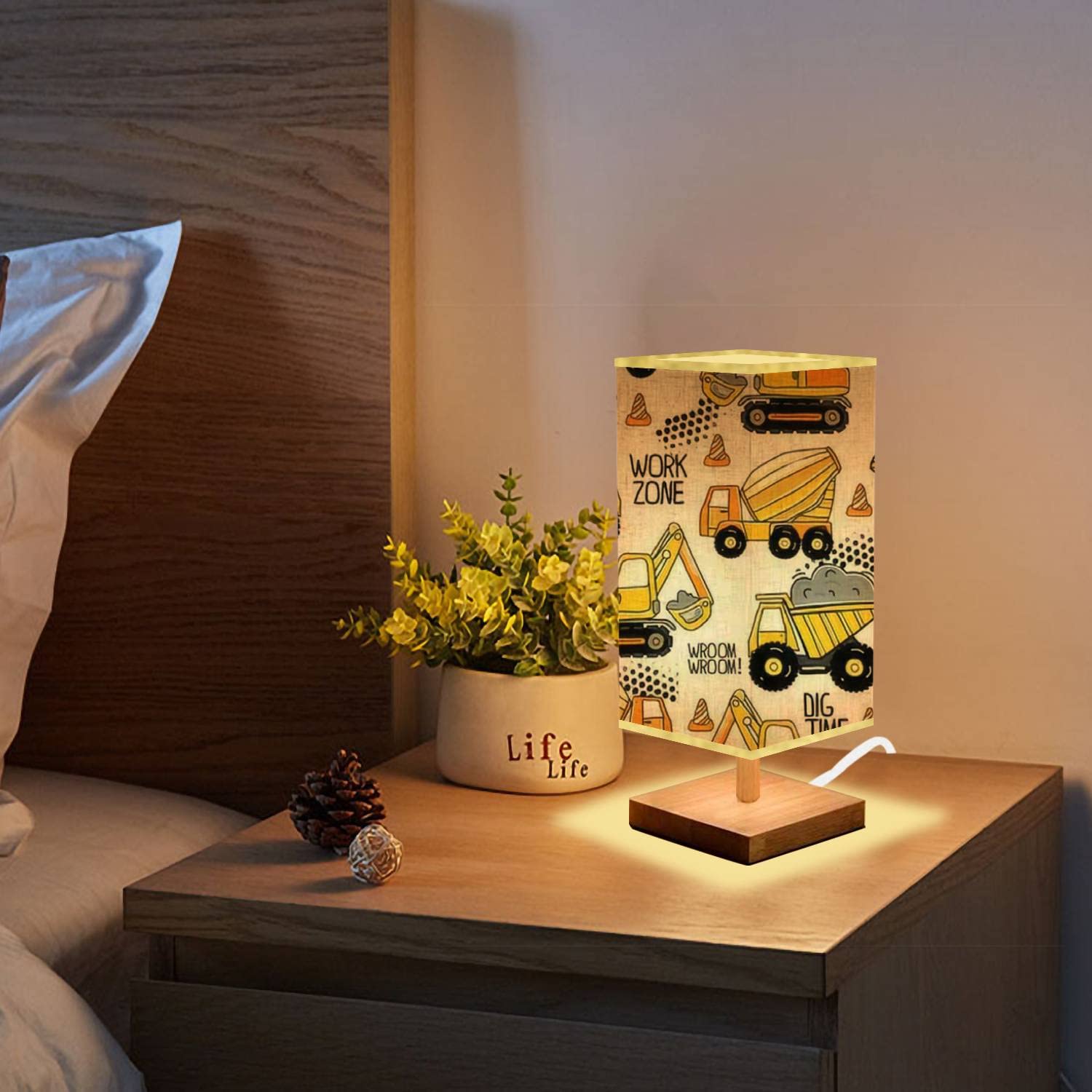 **Hand-Painted Construction Machine Kids Bedside Lamp - Minimalist Wood Base with Rectangular Fabric Shade, Nightstand Lamp for Bedroom, Living Room & Nursery - Perfect for Reading, Decor & Kids' Room Lighting**