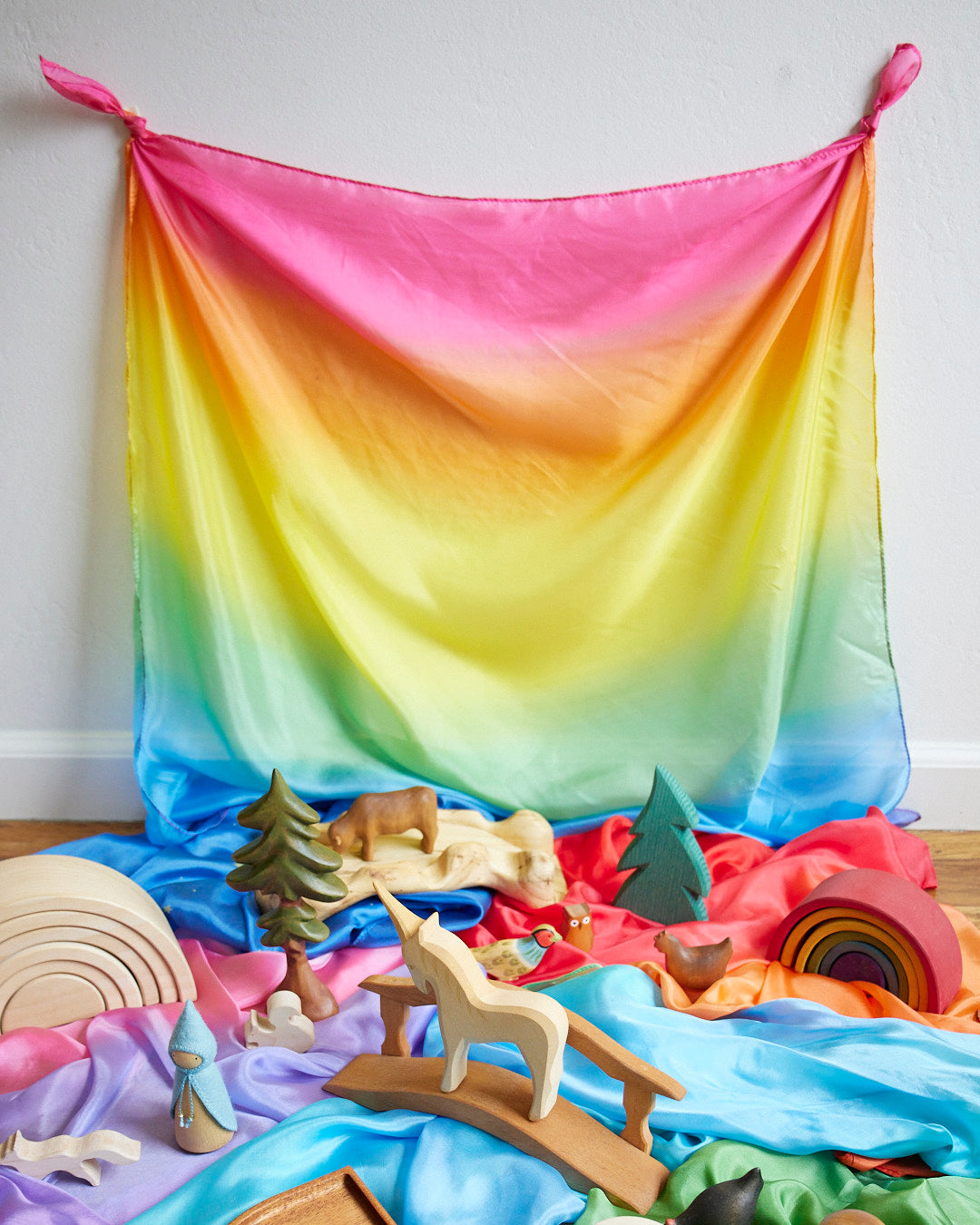 Hand Painted Enchanted Playsilk Set for Kids - 5 Piece Rainbow Silk Scarves for Imaginative Play, Dress Up & Waldorf Education - Perfect for Pretend Play, Storytelling & Sensory Development