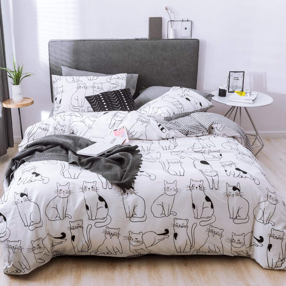 Cute Reversible Black & White Plaid Cotton Duvet Cover Queen Size - Soft Lightweight Cat-Themed Bedding Set with Zipper for Girls Teen Bedroom Decor | Perfect for Cozy Sleepovers & Stylish Dorm Room Makeovers
