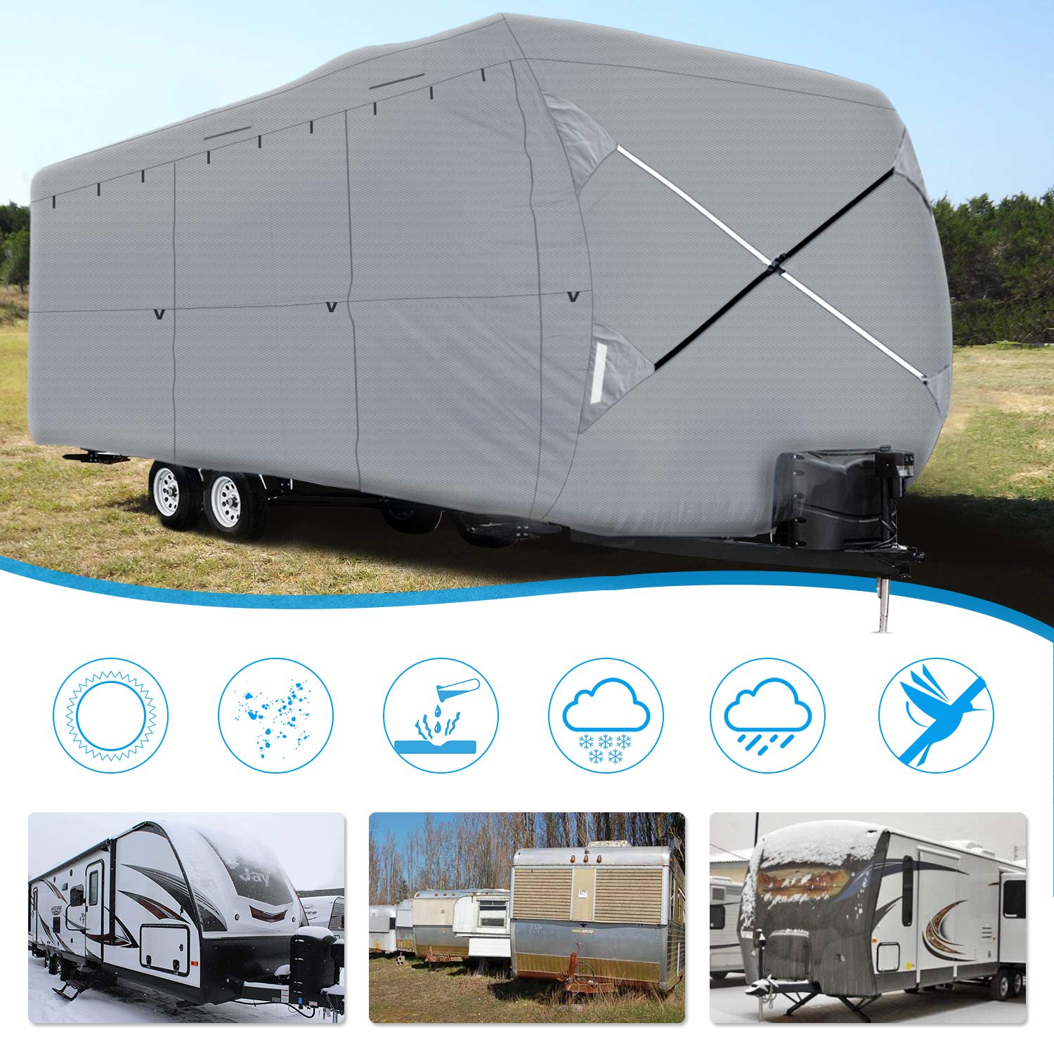 XGEAR Heavy-Duty 6-Ply Ripstop Waterproof RV Cover for Travel Trailers 24'-27' - Windproof Buckles & Storage Bag Included | All-Weather Protection for Camping & Winter Storage