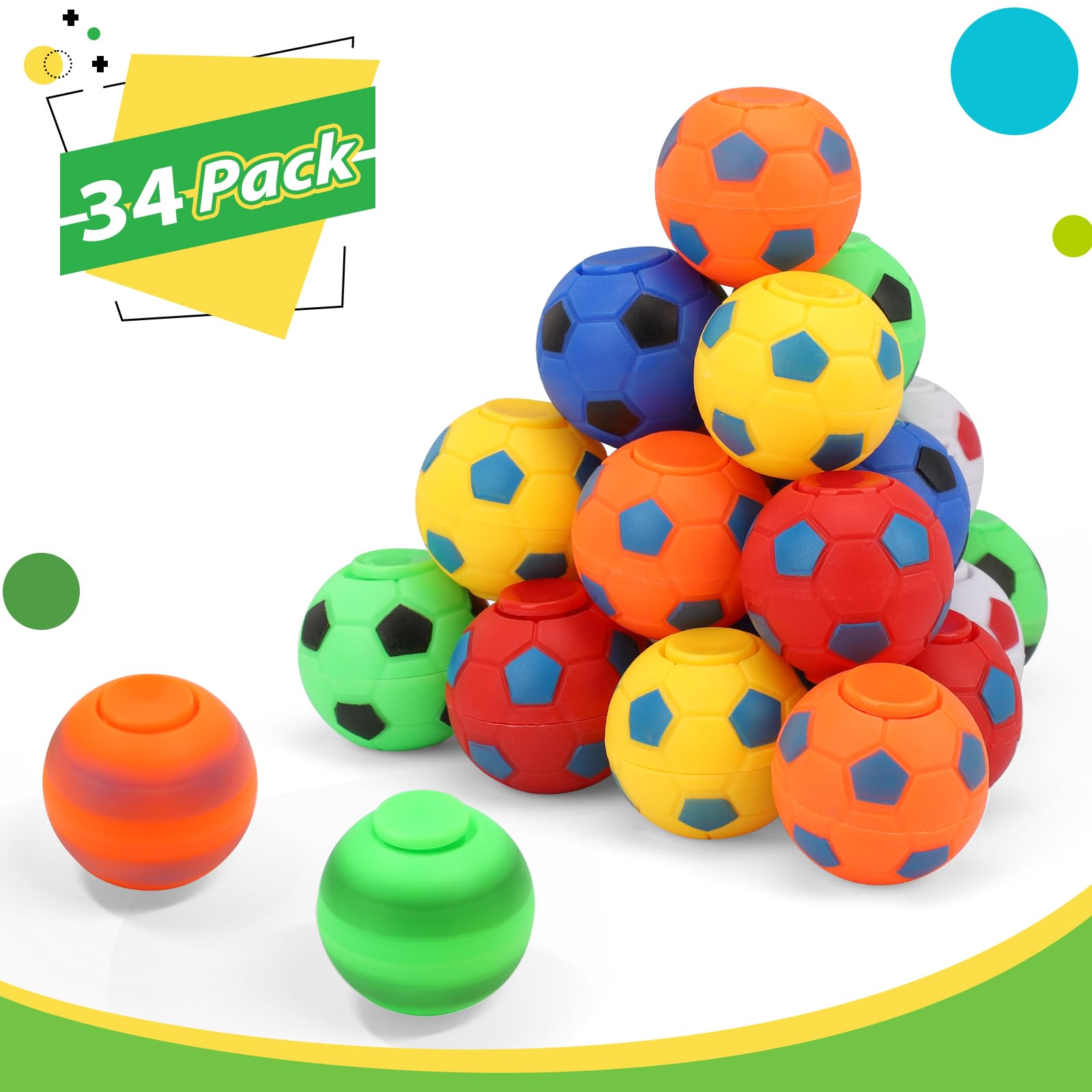34PCS Mini Fidget Spinners Soccer Balls - Stress Relief Toys for Kids & Adults, Rotatable Finger Toys for Classroom Prizes, Party Favors, Birthday Gifts - Fun Sensory Toys for Anxiety Relief, Office Desk Toys & ADHD Focus Tools