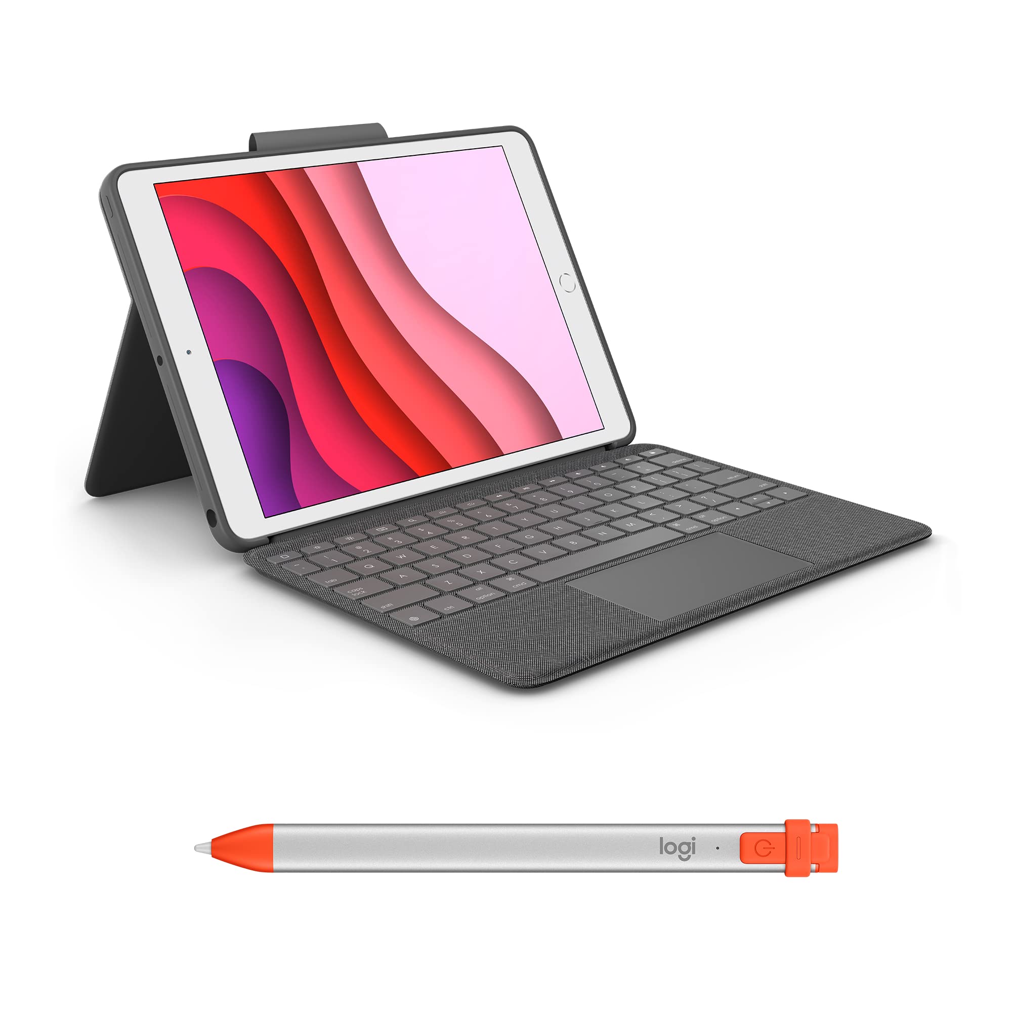 Logitech Combo Touch Keyboard Case & Crayon Digital Pencil Bundle for iPad 7th/8th/9th Gen (2019-2021) - Orange Stylus for iPad Pro/Air/Mini (2018+ Models) | Perfect for Students, Artists & Professionals