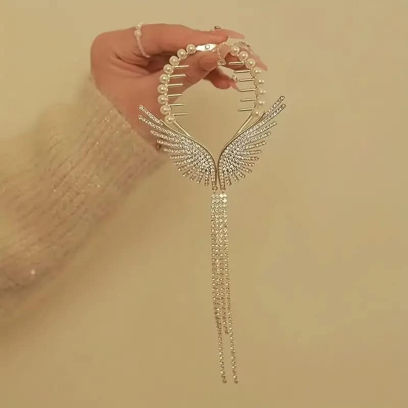 1 Pcs Rhinestone Wings Banana Clip - Alloy Hair Claw Bun Holder with Tassel - Vintage Hair Accessories for Women, Party, Wedding & Special Occasions