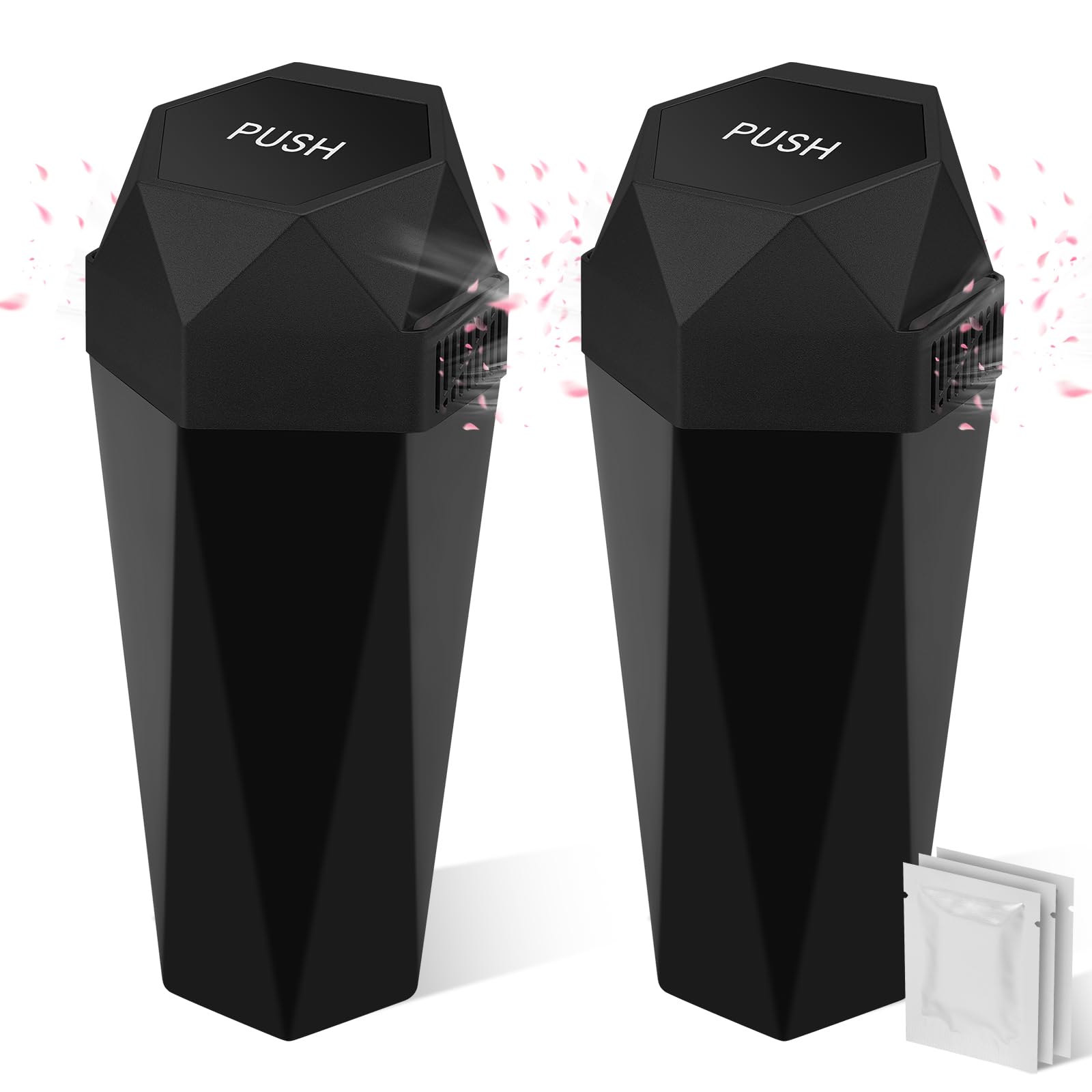 2PCS Aromatherapy Car Trash Can with Lid - Diamond Design Mini Garbage Bin for Cup Holder, Perfect for Car, Home, Office, Kitchen & Bedroom - Black | Portable Waste Container for Road Trips, Daily Commute & Indoor Use