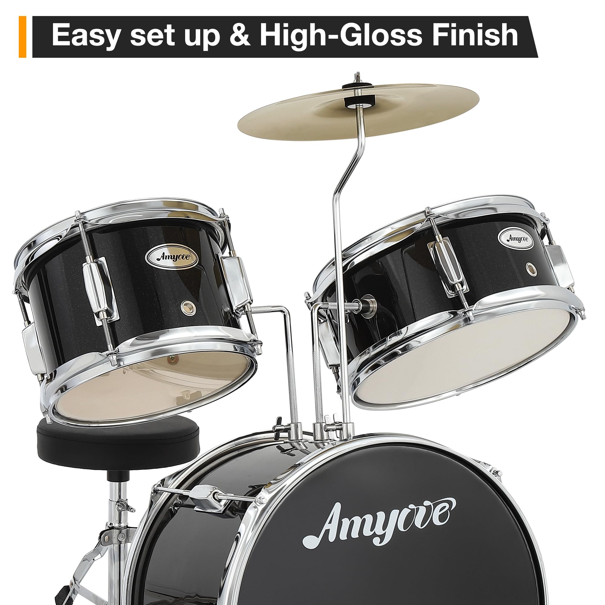3-Piece Junior Drum Set with Cymbal, Tom, Bass Drum, Drumsticks, Pedal & Stool - Complete Beginner Drum Kit for Kids & Teens - Perfect for Home Practice, Music Lessons & Rock Band Performances (Black)