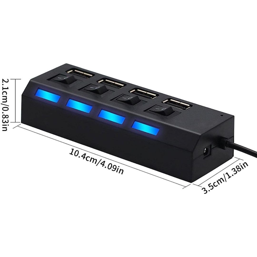 4-Port USB 2.0 Hub with LED Indicators & Power Switches - Portable USB Extension Hub for Laptop, PC, Mac - Expand Connectivity for Keyboard, Mouse, Printer & External Storage (Black)