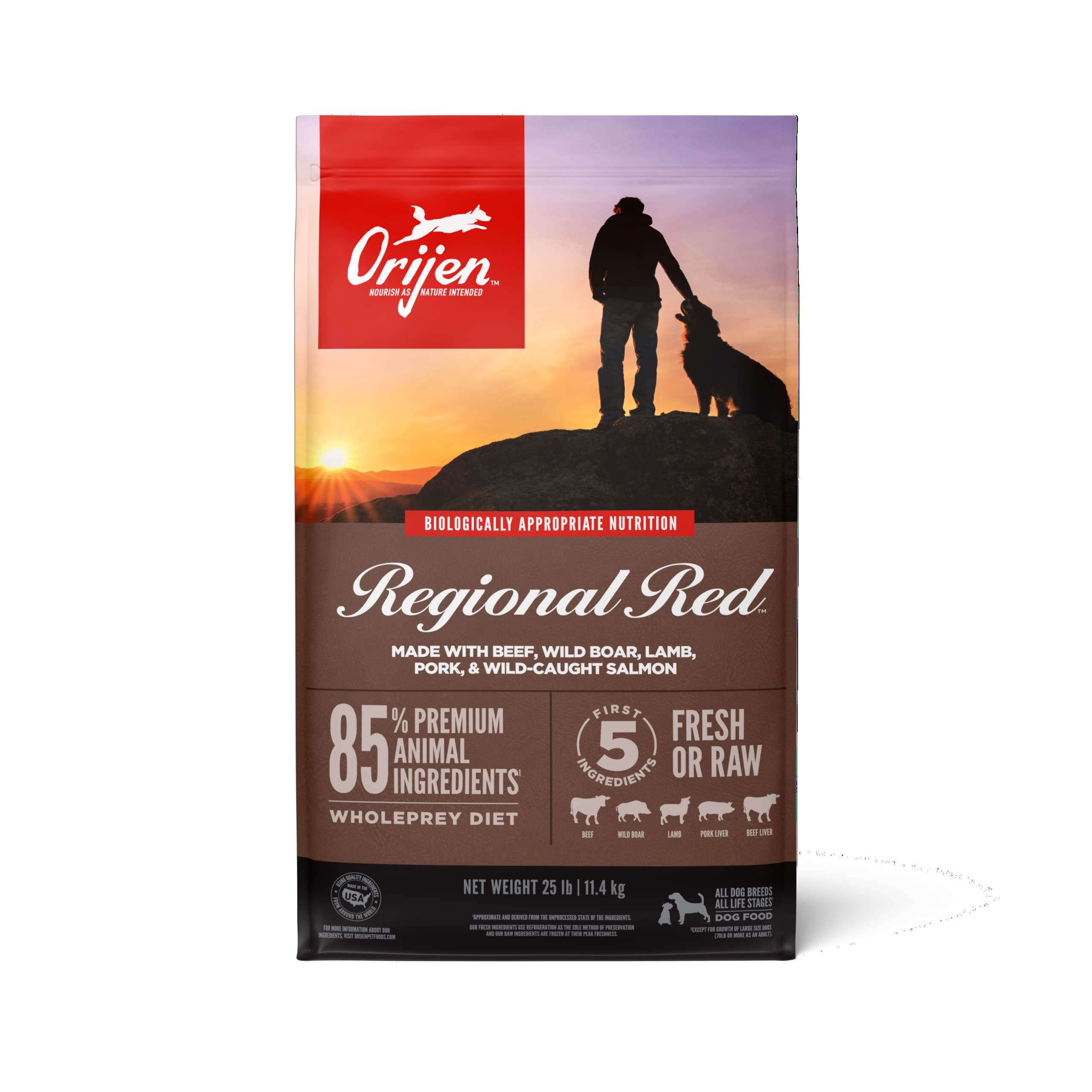 ORIJEN Dog Regional Red Recipe, 25lb - High-Protein Grain-Free Dry Dog Food for All Breeds | Premium Natural Nutrition for Active Dogs | Packaging May Vary | Perfect for Hunting, Hiking & Outdoor Adventures