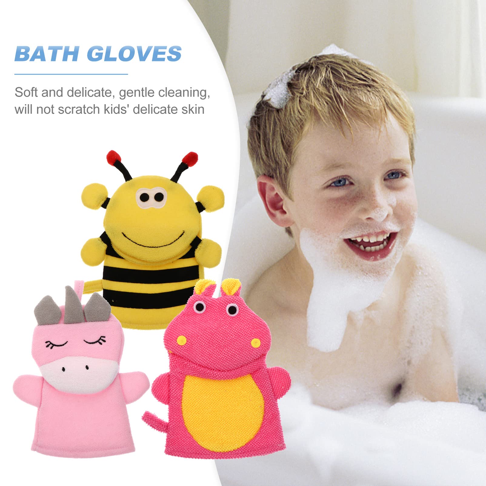 Lurrose 3Pcs Baby Bath Mitt - Soft Animal Bath Puppet Washcloths & Body Scrub Gloves for Toddlers (Cute Bee & Hippo) | Gentle Exfoliating Sponge for Infant Shower Time | Perfect Kids Bath Accessories for Sensitive Skin