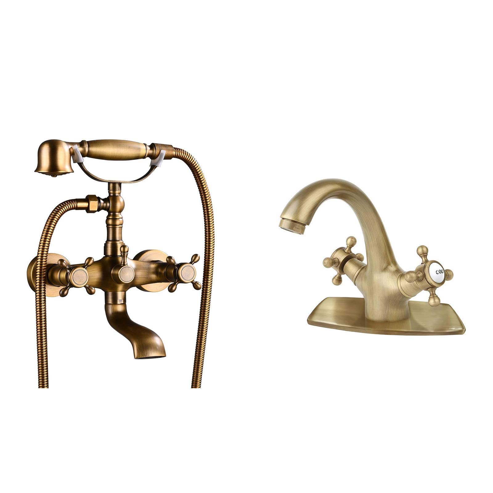 Vintage Brass Wall Mount Bathtub Faucet with Double Handles - Antique Brass Bathroom Sink Faucet Set - Perfect for Classic & Farmhouse Style Bathroom Decor