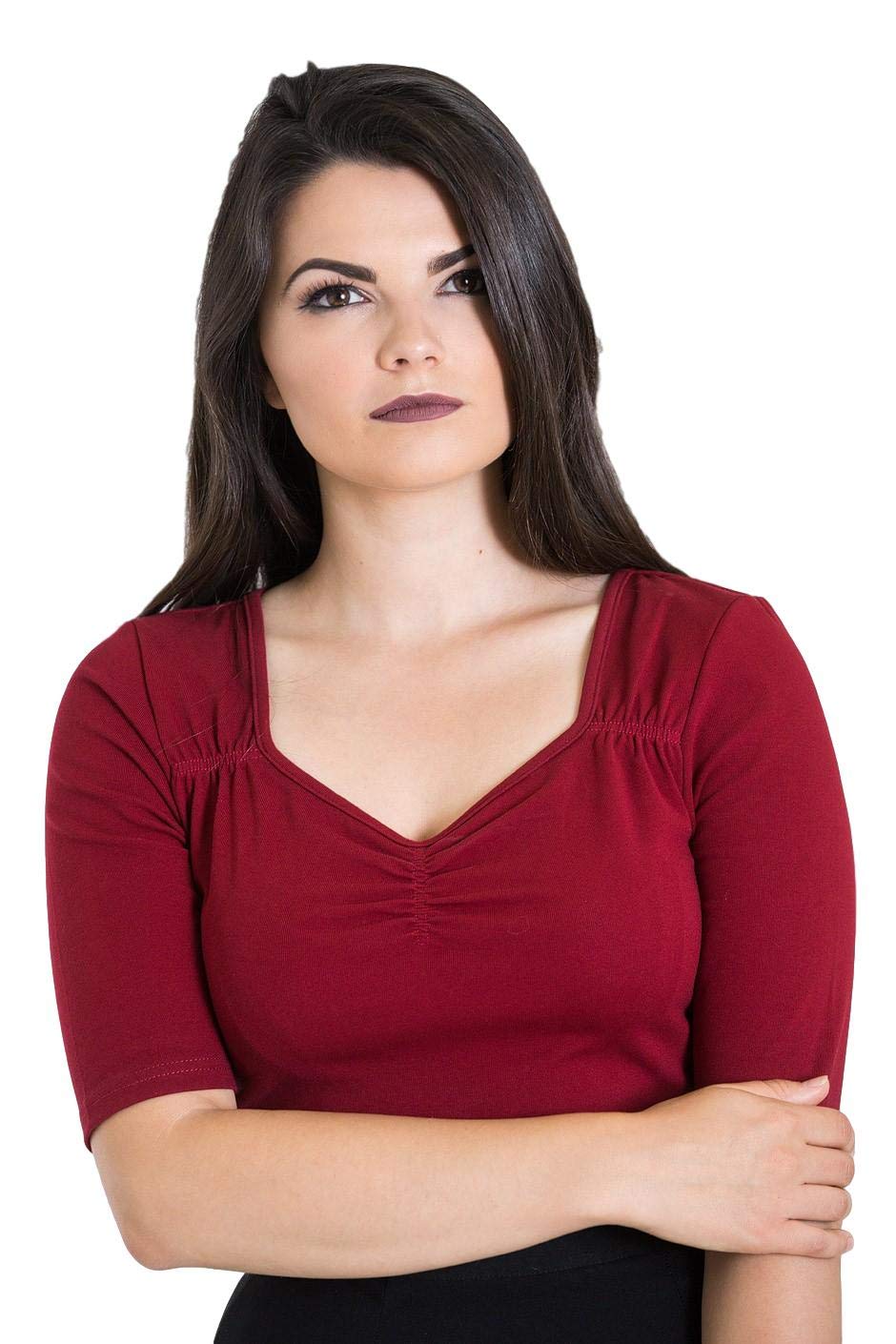 Hell Bunny Philippa Vintage Style Jersey Top - Women's 3/4 Sleeve V-Neck Blouse in Burgundy - Size Small - Retro Fashion for Casual Wear & Date Nights