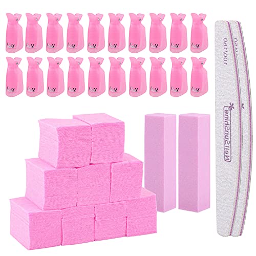 600 Pcs Pink Lint-Free Nail Wipes & 20 Pcs Nail Polish Remover Cap Clips Kit with 100/150 Nail File & Buffer Block - Professional Gel Nail Polish Remover Tools for Salon & Home Manicure