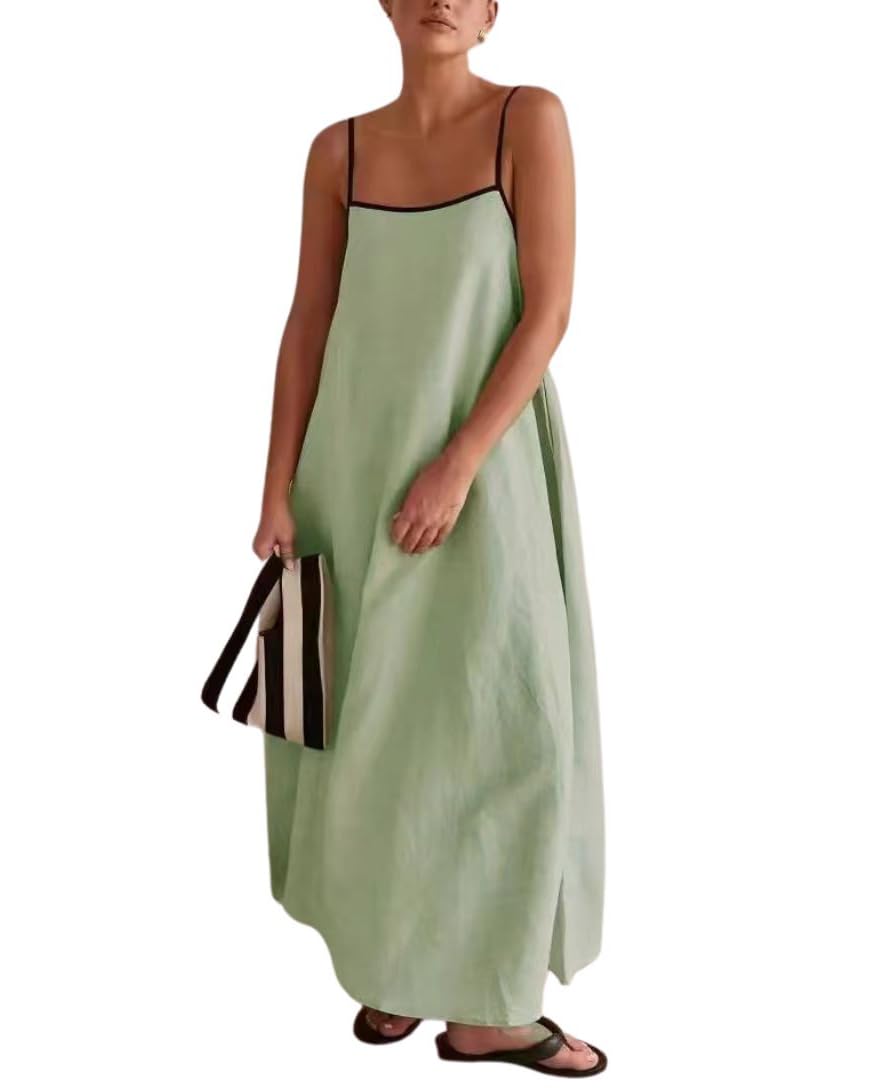 Women's Flowy Linen Maxi Dress - Spaghetti Strap Sleeveless Summer Dress in Breathable Cotton | Perfect for Beach Vacations, Date Nights & Casual Outings