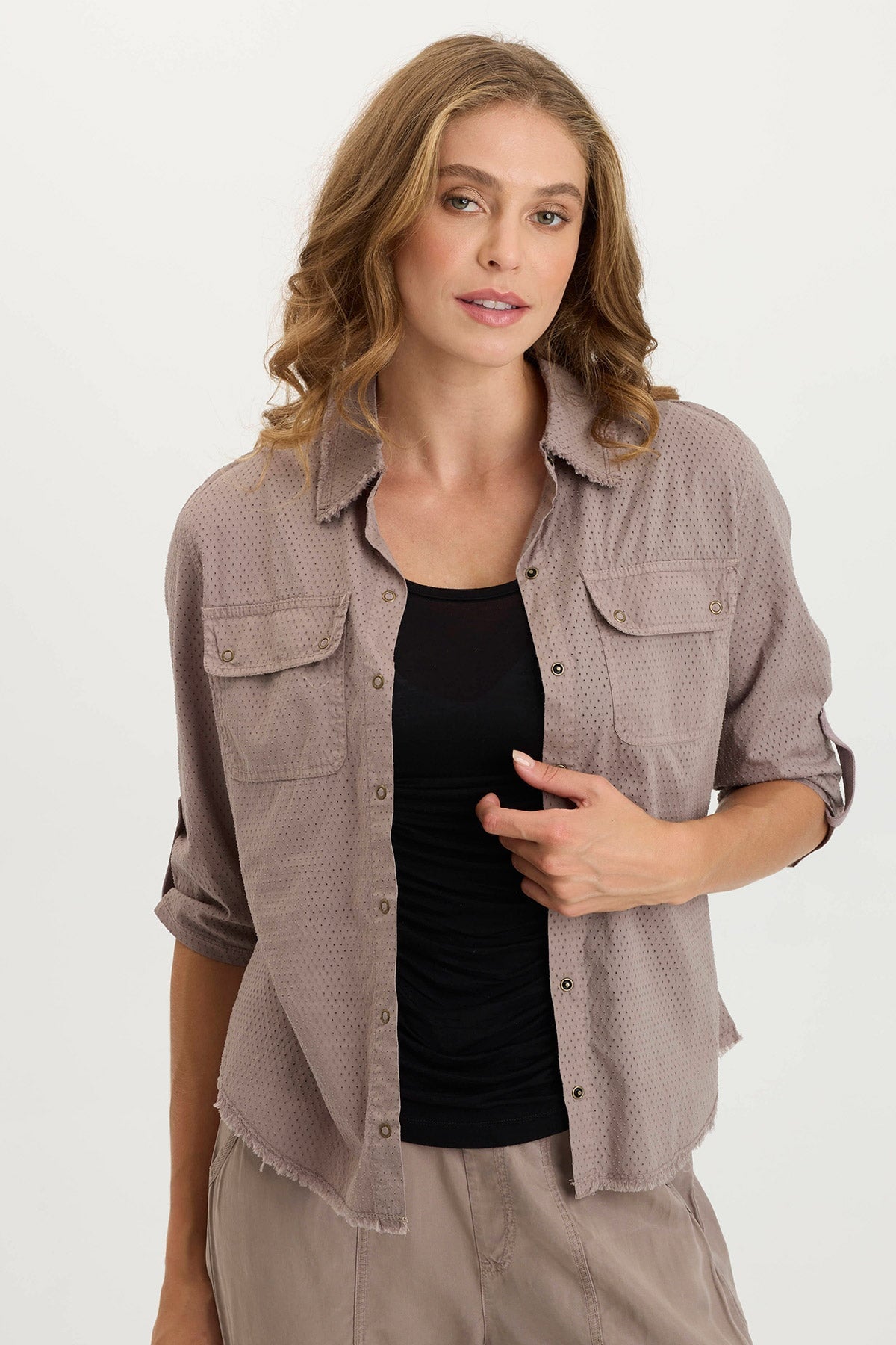 Arvin Women's Perforated Poplin & Jersey 3/4 Sleeve Snap-Up Shirt - Breathable Summer Top for Casual Outings & Office Wear