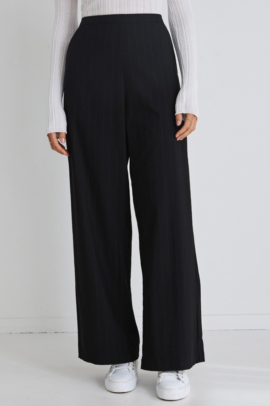 Best Life Women's Black Pinstripe Wide Leg Pants - High Waisted Office Trousers for Work & Business Casual Outfits