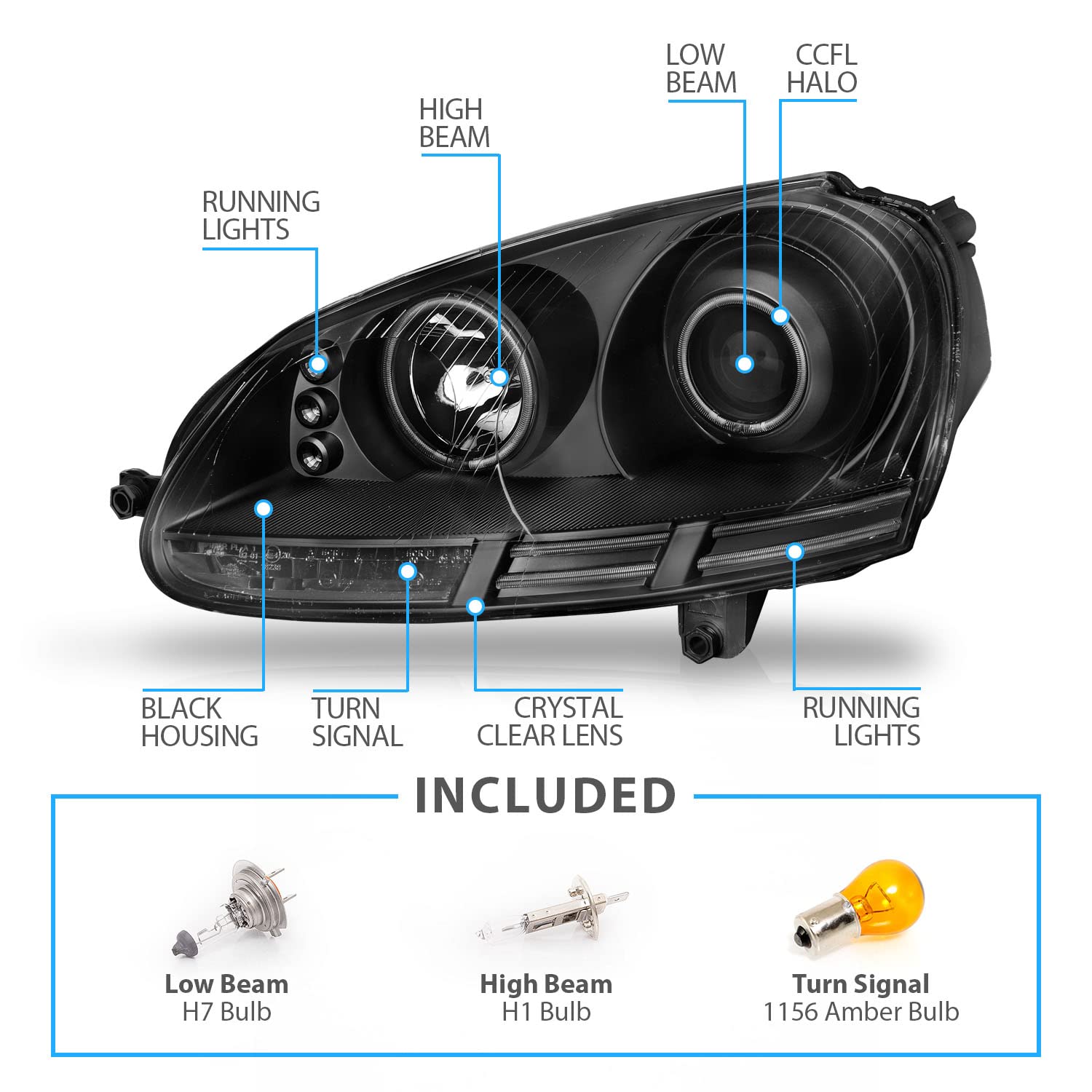 AmeriLite CCFL Halo Black Headlights for Volkswagen Rabbit (Golf) / Jetta Gen5 / Wagon - Left & Right Side Replacement - Perfect for Night Driving & Car Customization