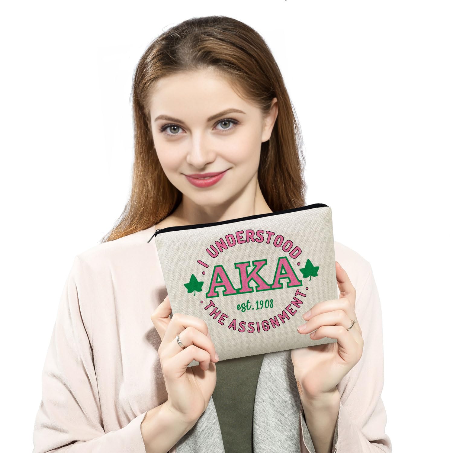 AKA Sorority Gifts - Pink & Green Greek Cosmetic Bag with Zipper | Makeup & Toiletry Pouch for Sorority Sisters | Perfect for College, Travel, and Dorm Organization