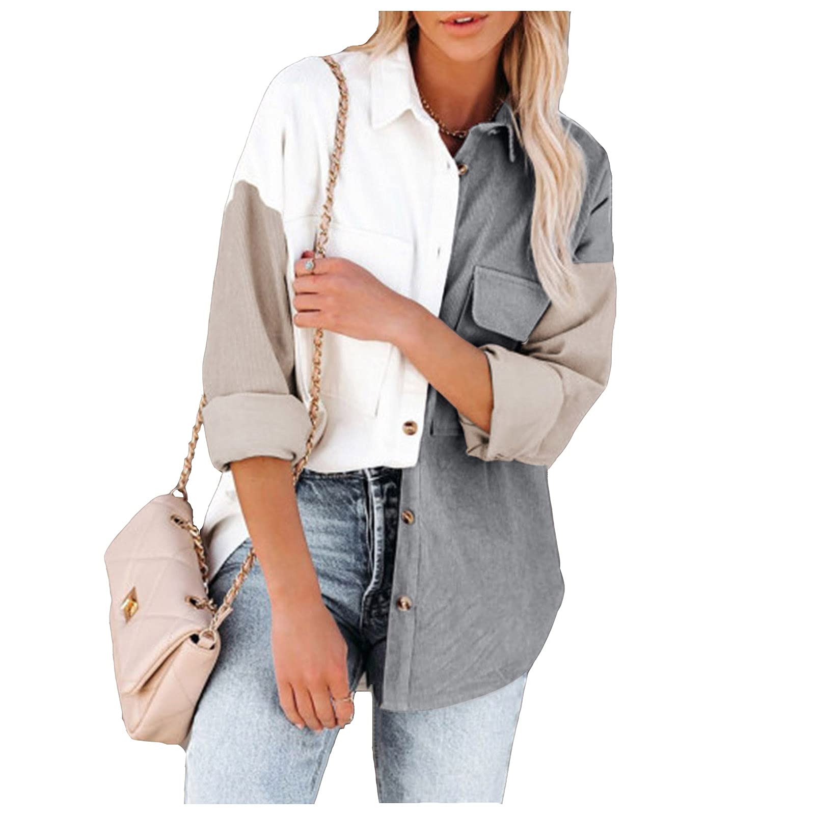 Women's Oversized Corduroy Shirt Jacket - Button Down Long Sleeve Blouse with Pockets & Splicing Design | Casual Fall Layering Top for Work, Date Night & Outdoor Activities